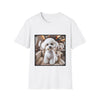 White t-shirt with a printed design of a Bichon Frise in a Jet on a white background