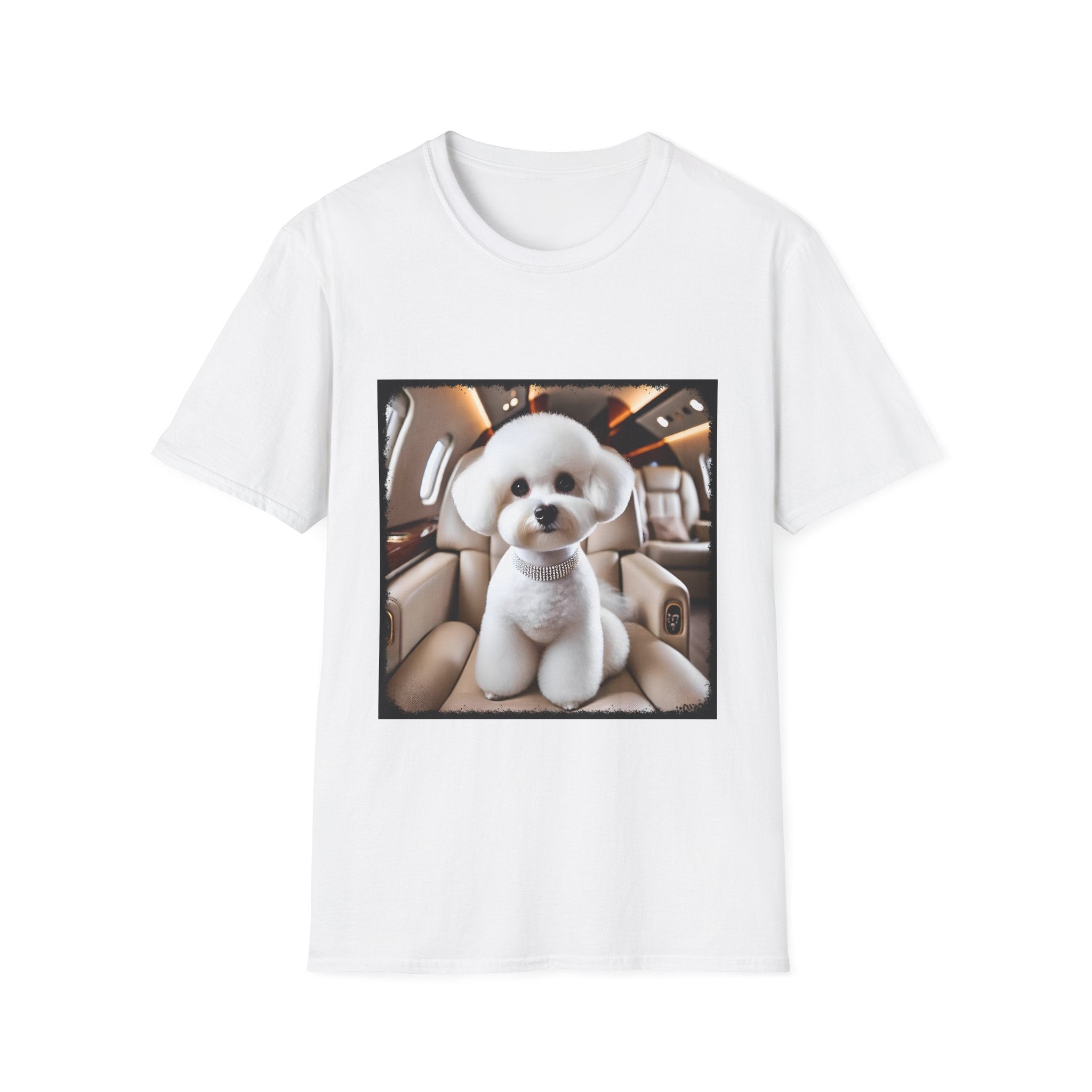 White t-shirt with a printed design of a Bichon Frise in a Jet on a white background