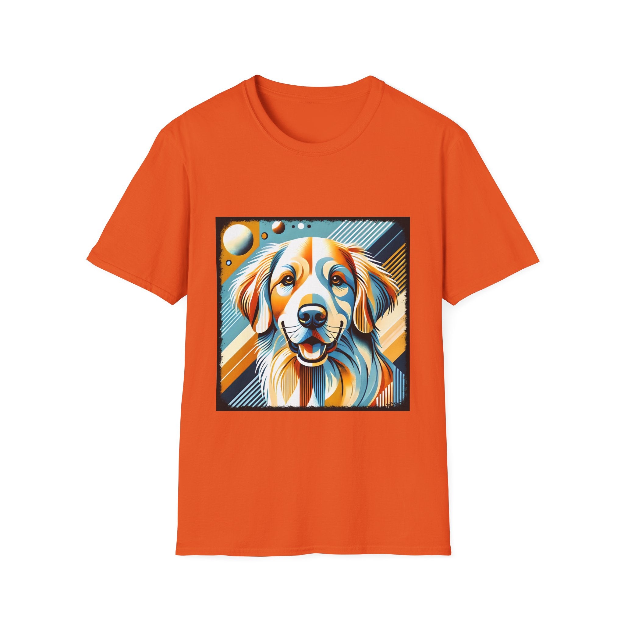 Orange dog t-shirt featuring smiling golden retriever in abstract pop style with blue, orange, and cream tones.