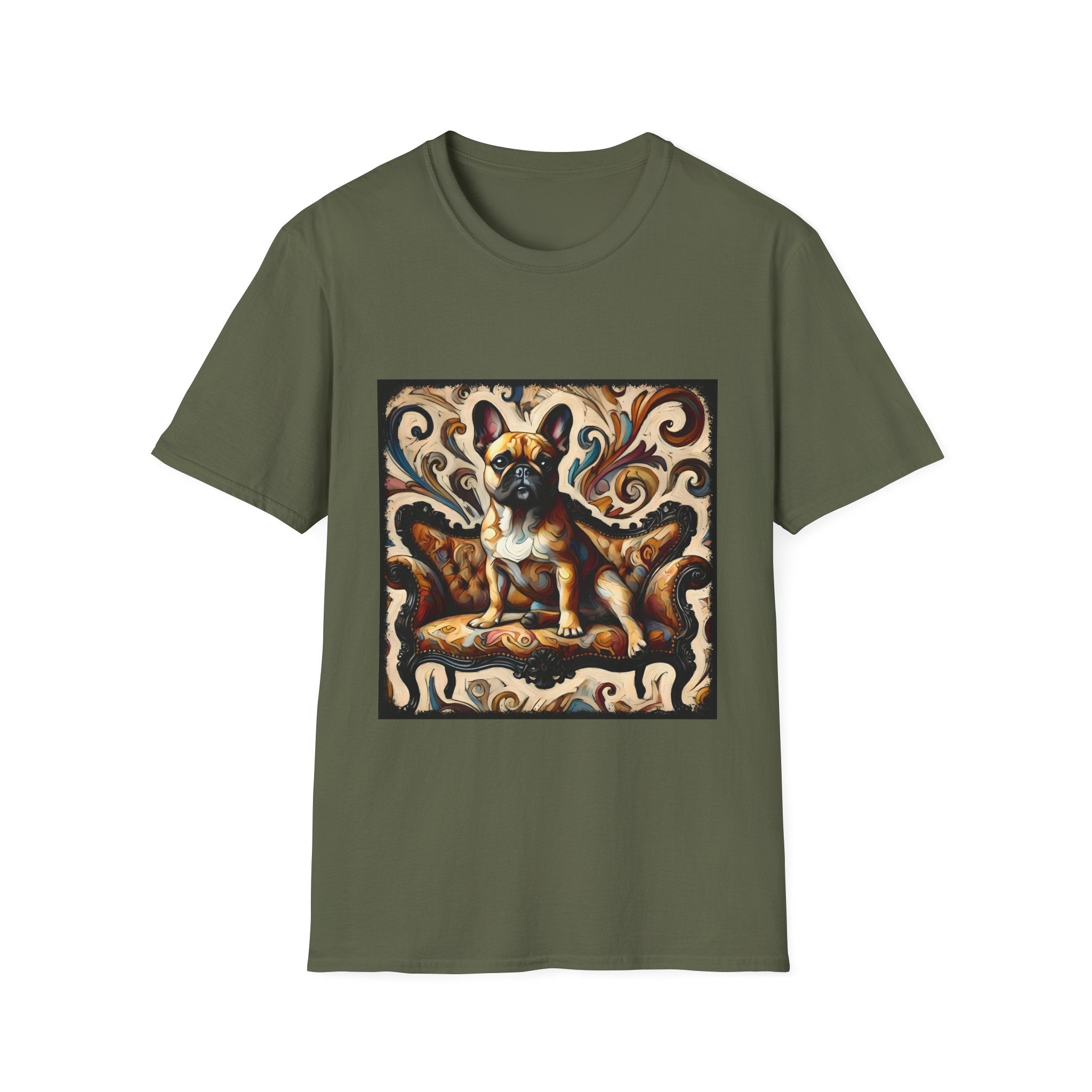 Military green t-shirt featuring fawn French Bulldog on ornate amber and black settee with rich tan swirl backdrop.