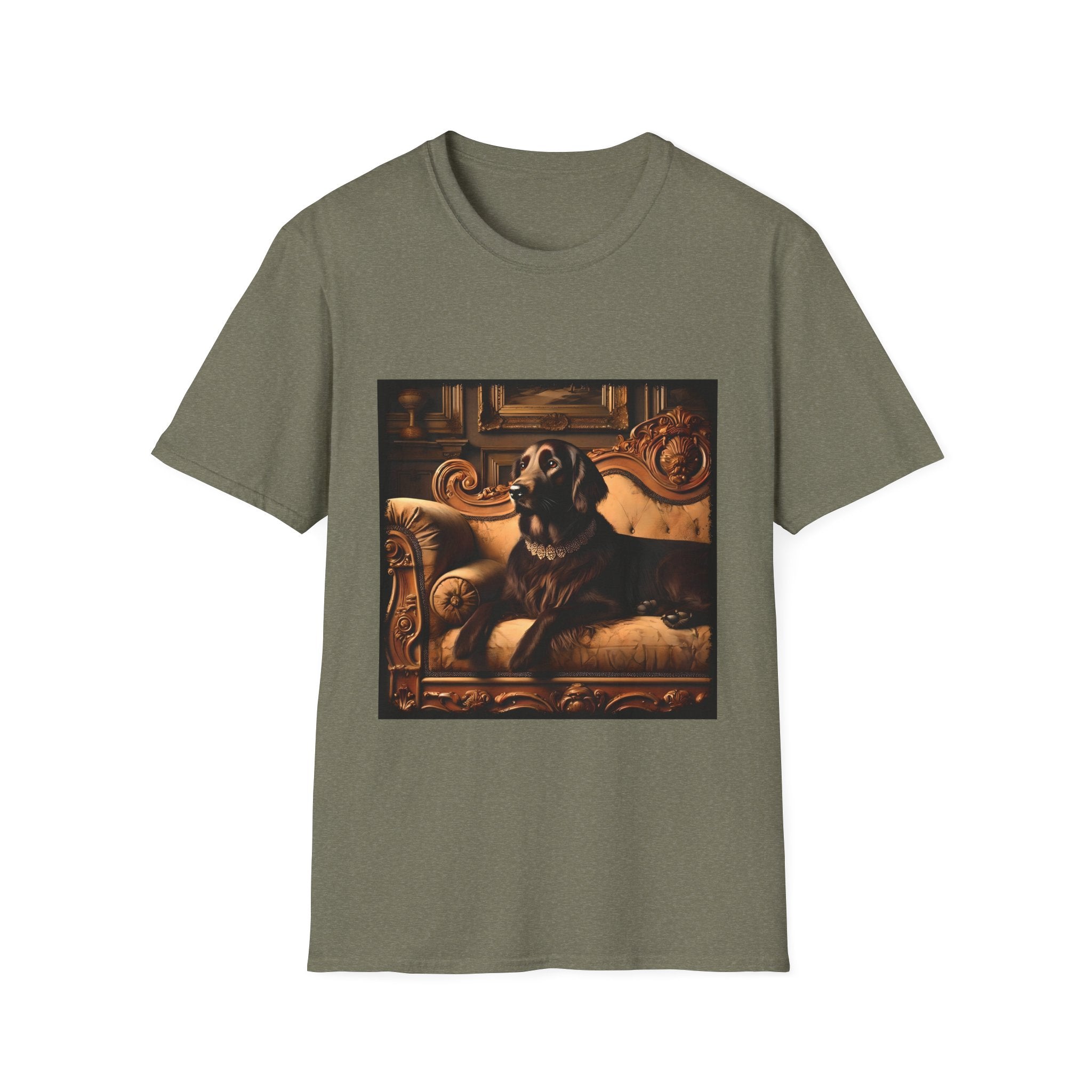Heather military green dog t-shirt featuring chocolate golden retriever on gold settee, jeweled collar in regal backdrop.