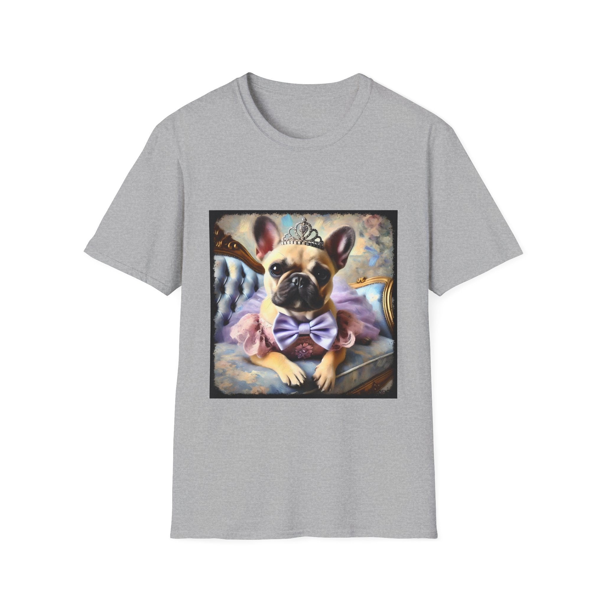Light gray dog t-shirt featuring French Bulldog wearing tiara, purple tutu, and bow, seated on royal chair with pastel background.
