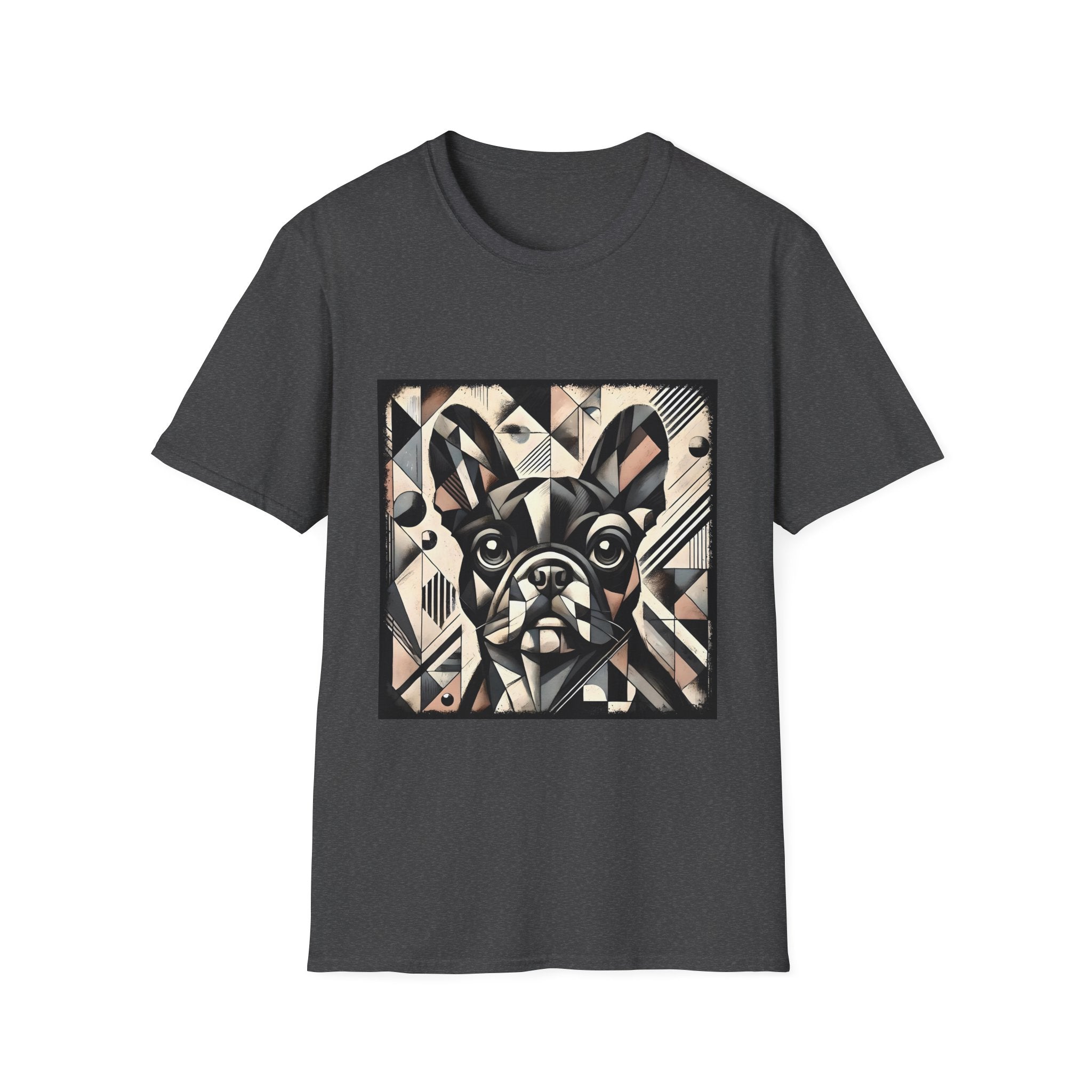Dark heather dog t-shirt featuring geometric French Bulldog in cubist tones of black, beige, cream, and soft blush.