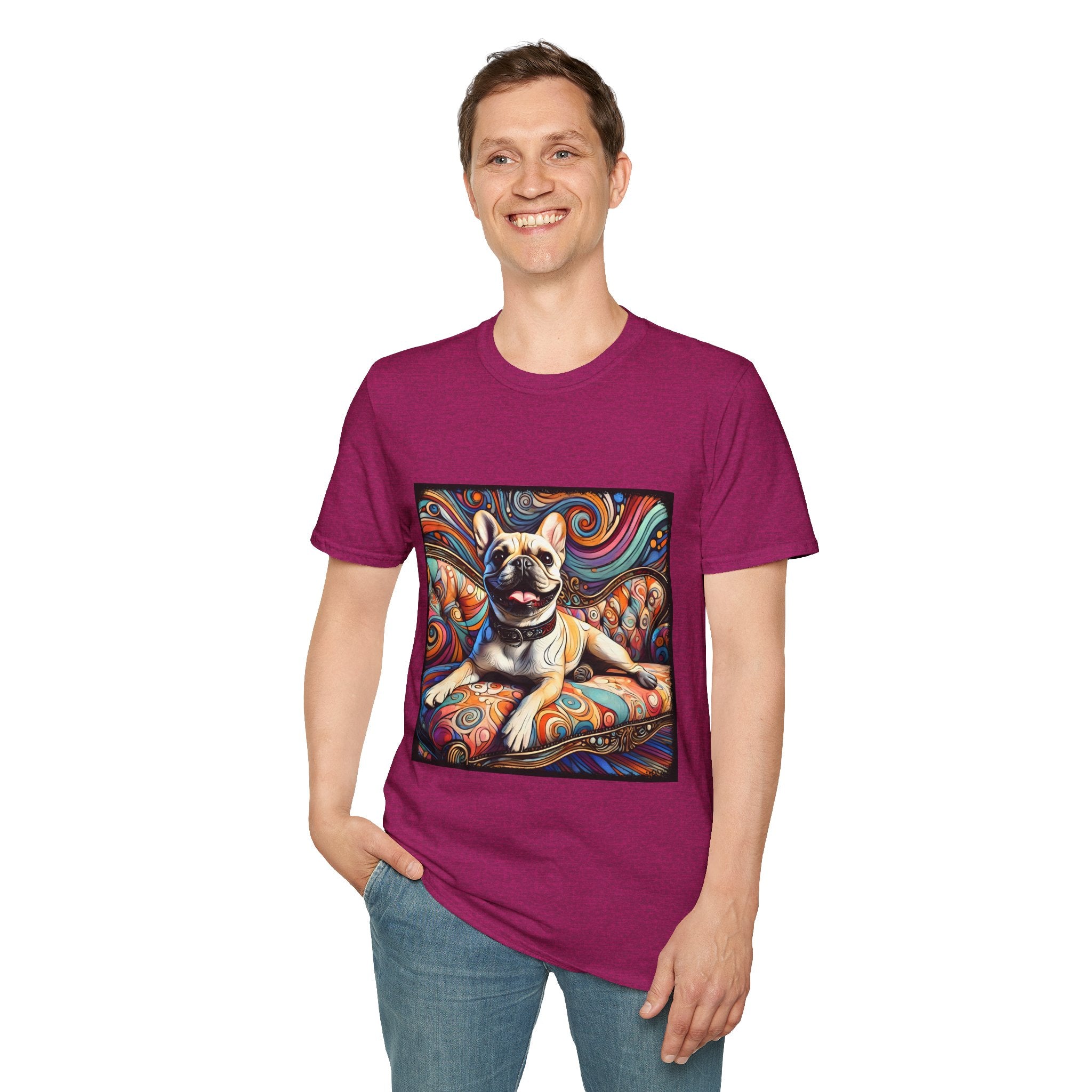 Male model in heather berry dog t-shirt featuring fawn French Bulldog with collar on swirl settee and vivid background.