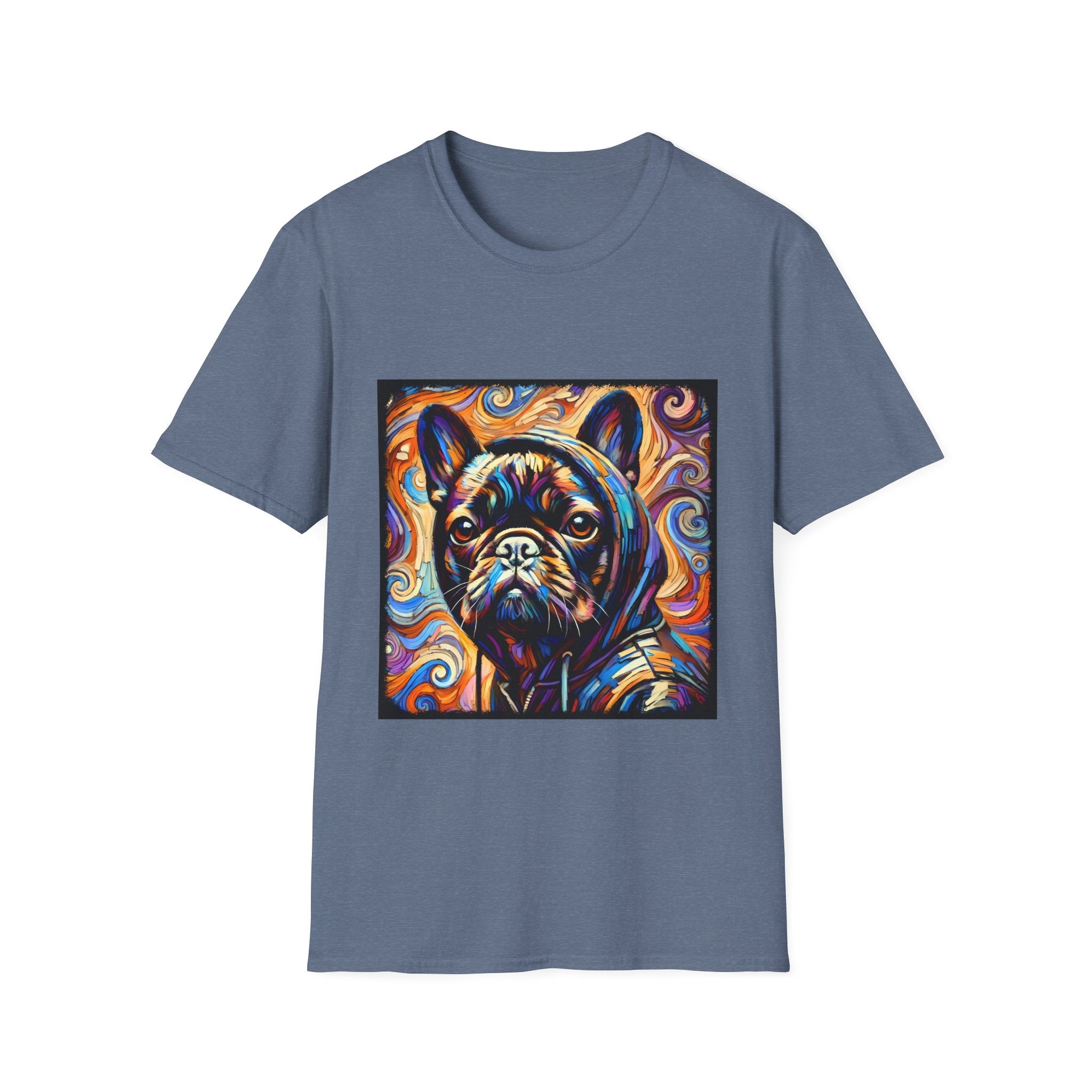 Dog t-shirt in denim blue featuring colorful French Bulldog in hoodie, set against vivid swirl-patterned background.