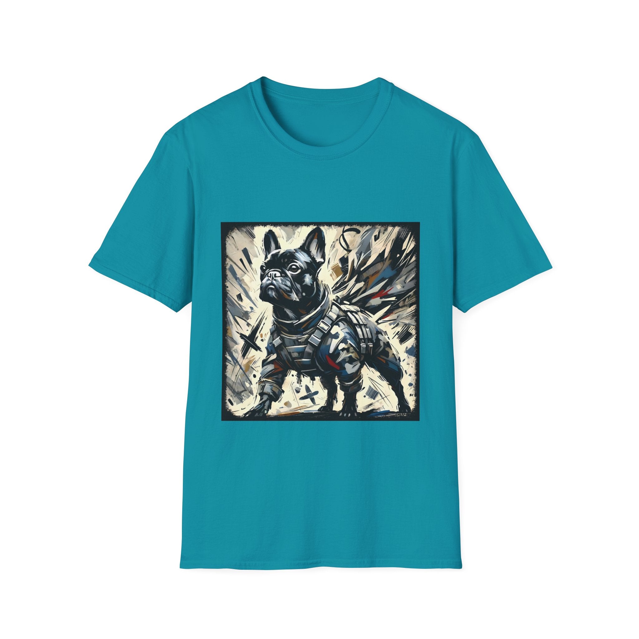 Jade dome dog t-shirt featuring heroic black French Bulldog in battle armor, set against abstract explosive strokes.