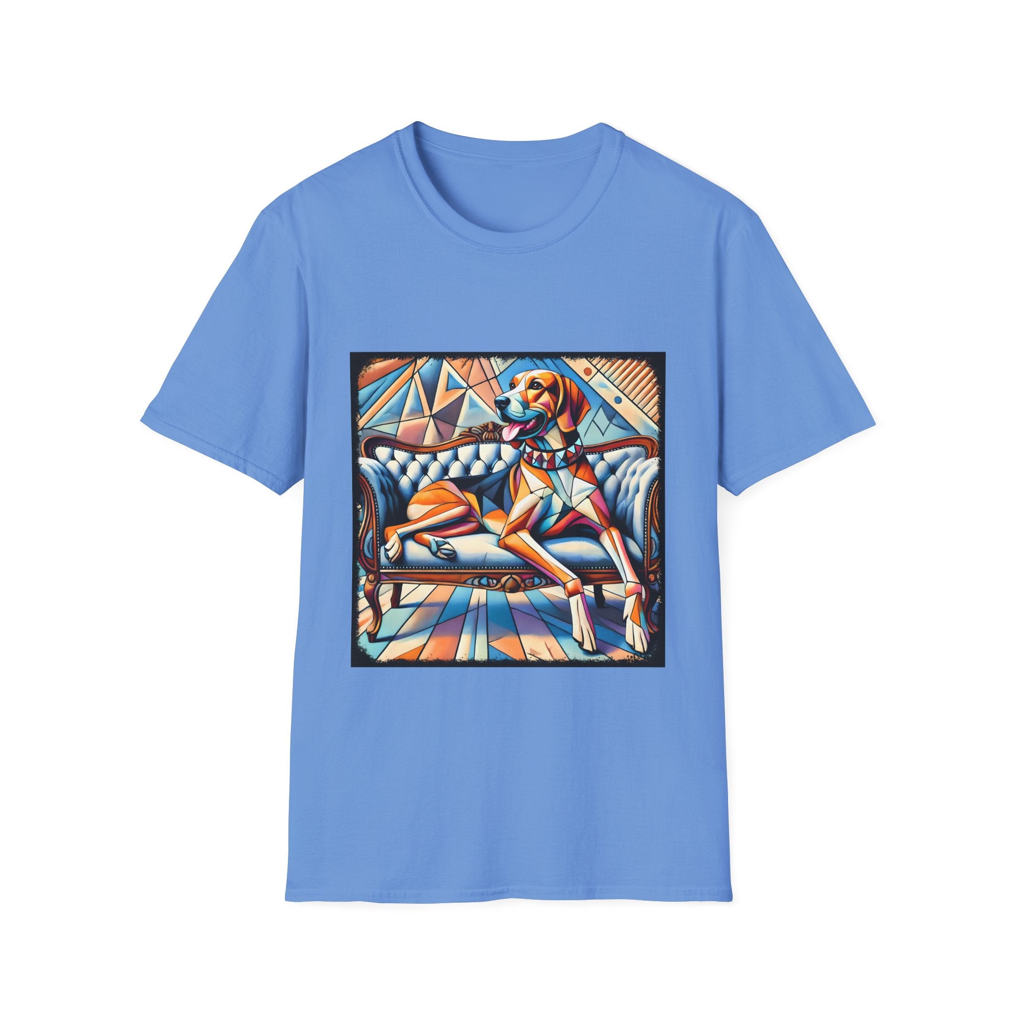 The Treeing Walker Coonhound Bold Geometric Unisex Dog T-Shirt features a vibrant light blue design with a colorful dog lounging on an ornate couch, accented by striking abstract blue, orange, and brown patterns.