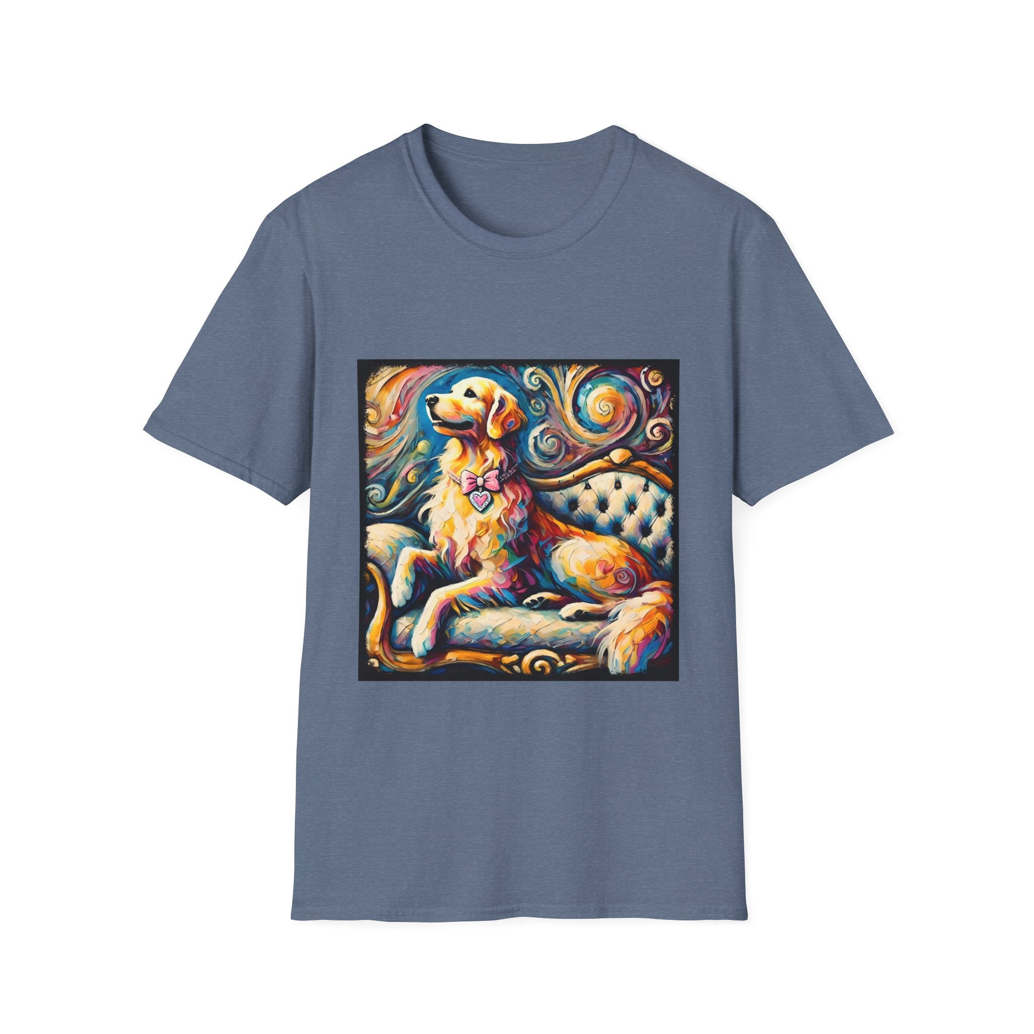 Heather indigo dog t-shirt featuring golden retriever with pink heart collar on colorful tufted settee.