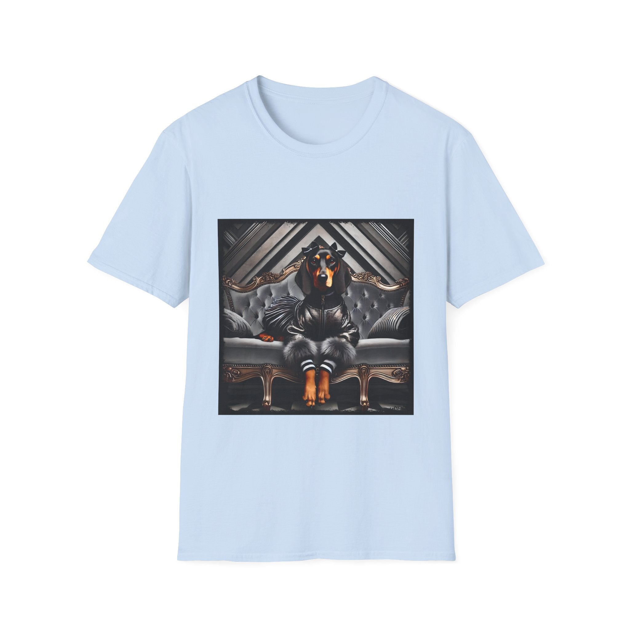 Light blue dog t-shirt featuring coonhound in edgy black bomber jacket with fur cuffs, seated on a tufted leather settee.