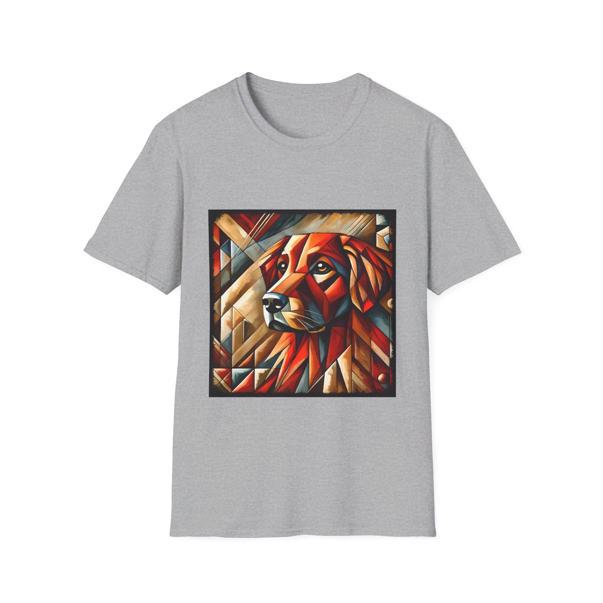 Sport gray dog t-shirt featuring red geometric golden retriever portrait in cubist style with bold angles.