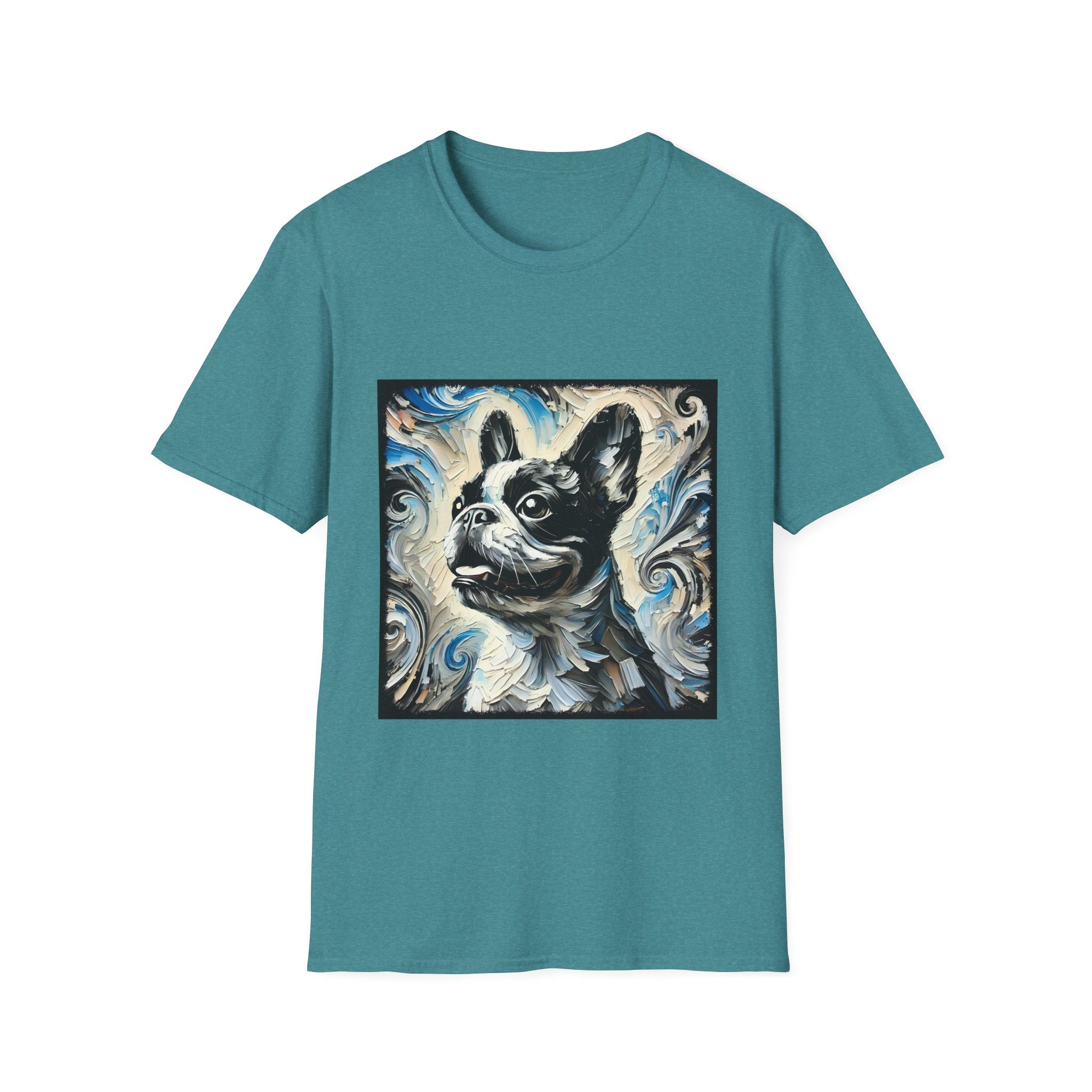 Teal dog t-shirt with black and white French Bulldog portrait on swirl-patterned vintage background.