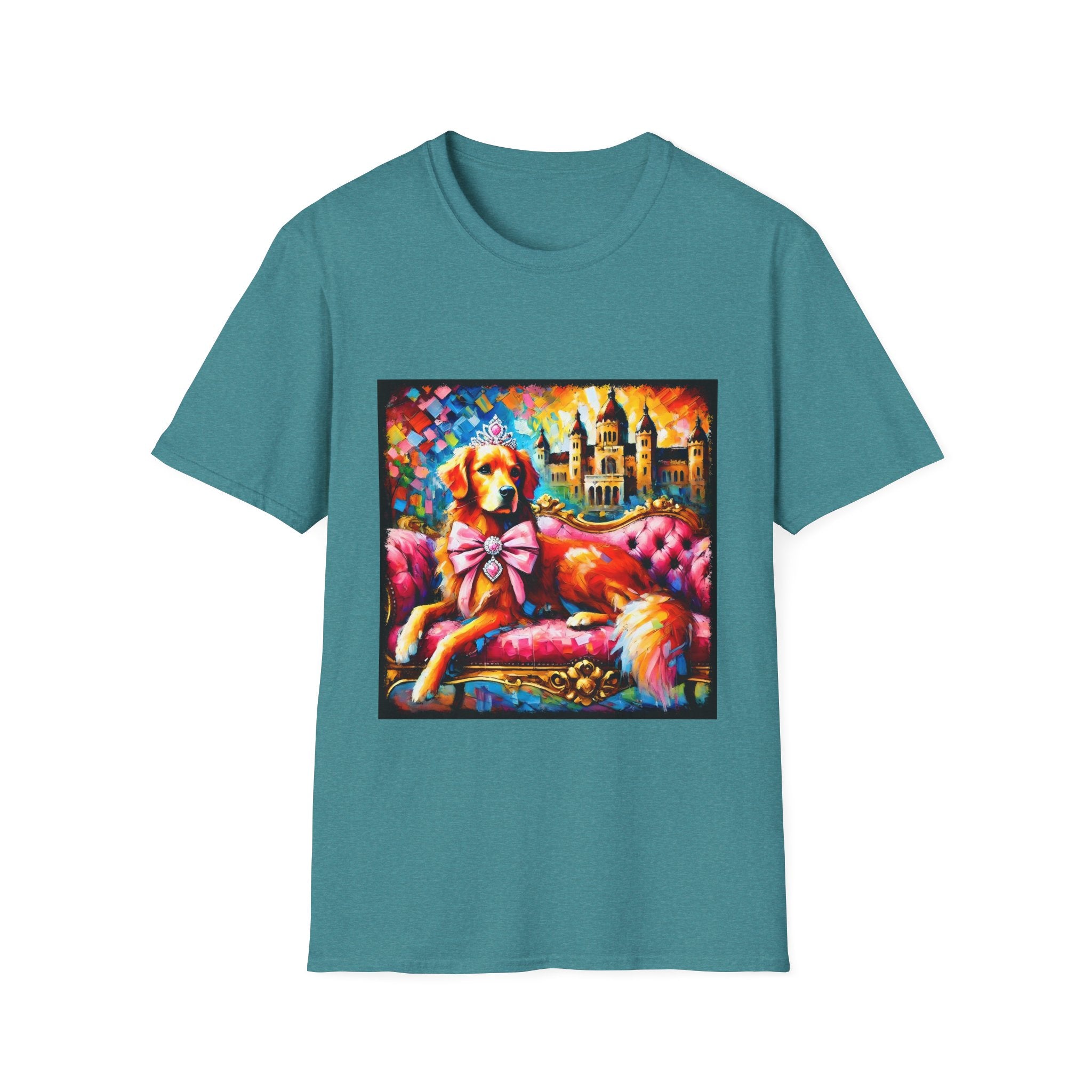 Teal dog t-shirt featuring golden retriever princess on pink settee with tiara and castle backdrop.