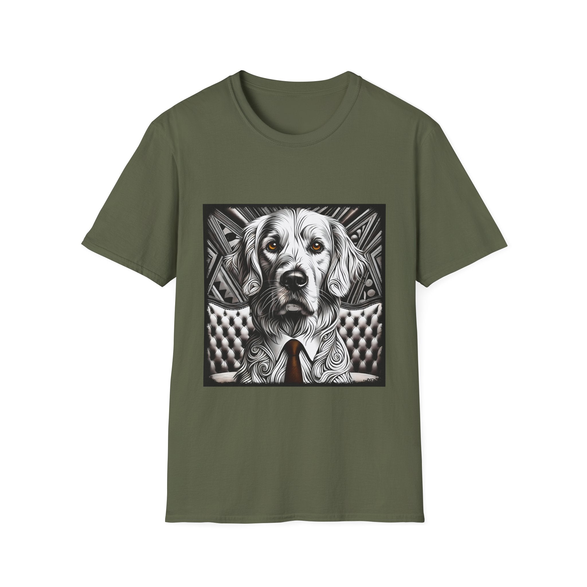 Military green dog t-shirt featuring monochrome golden retriever with brown eyes and tie in front of settee.
