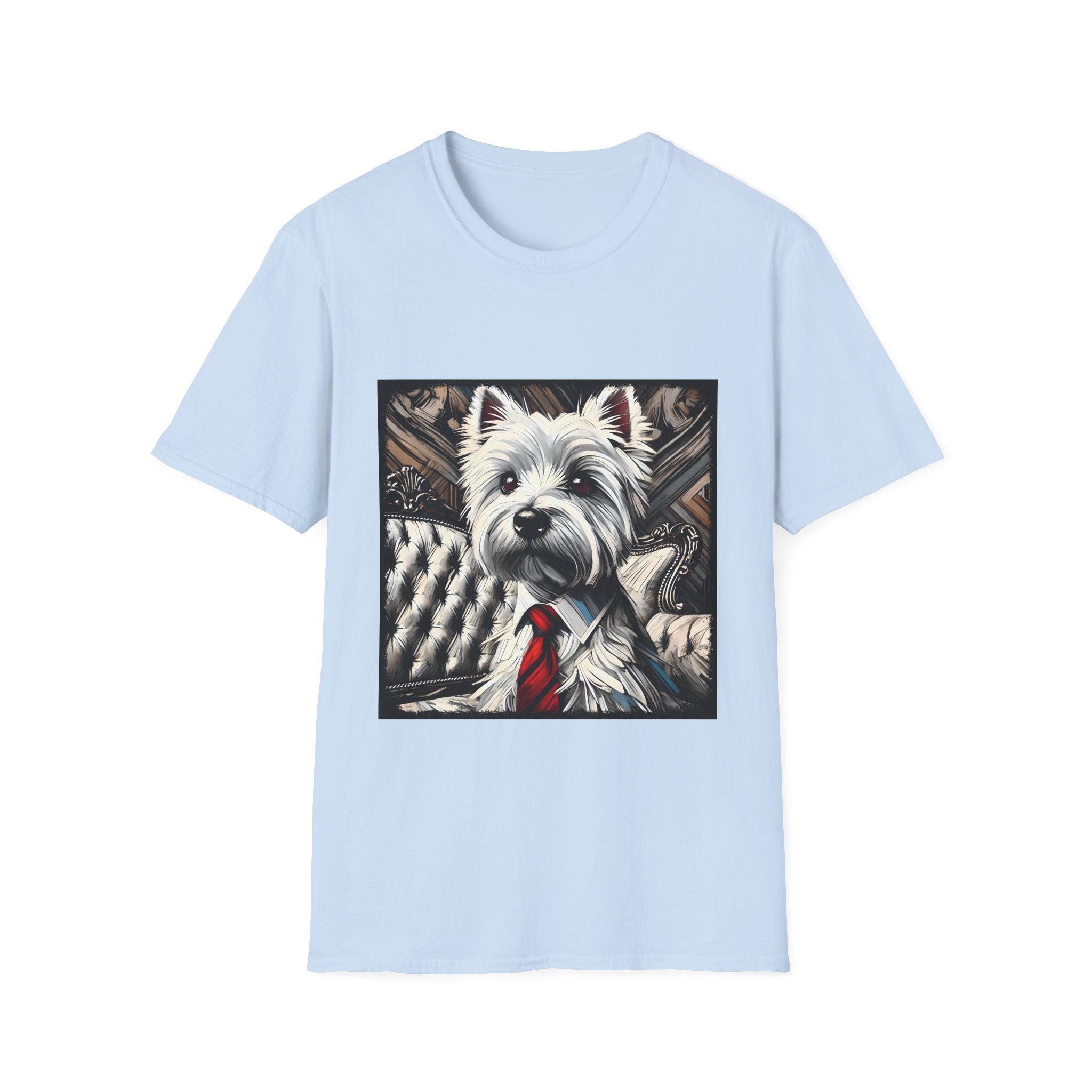 Light blue dog t-shirt featuring a Westie in a red tie seated on a tufted chair in a wood-accent room.