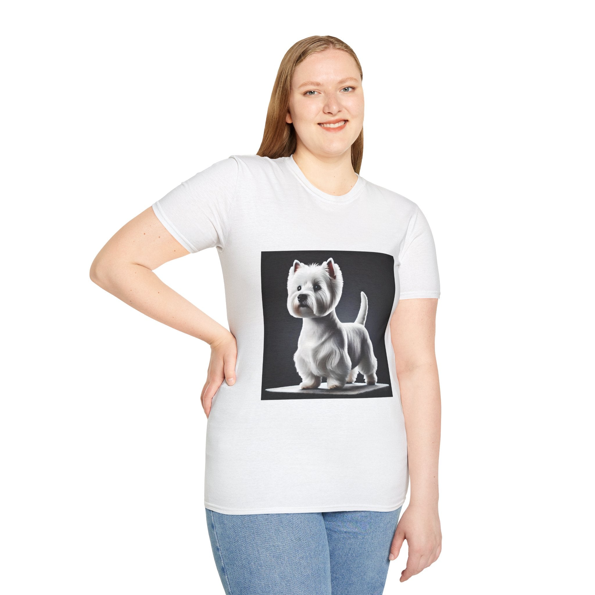 Female model in white dog t-shirt featuring a Westie standing proud on a platform against a dramatic dark backdrop.