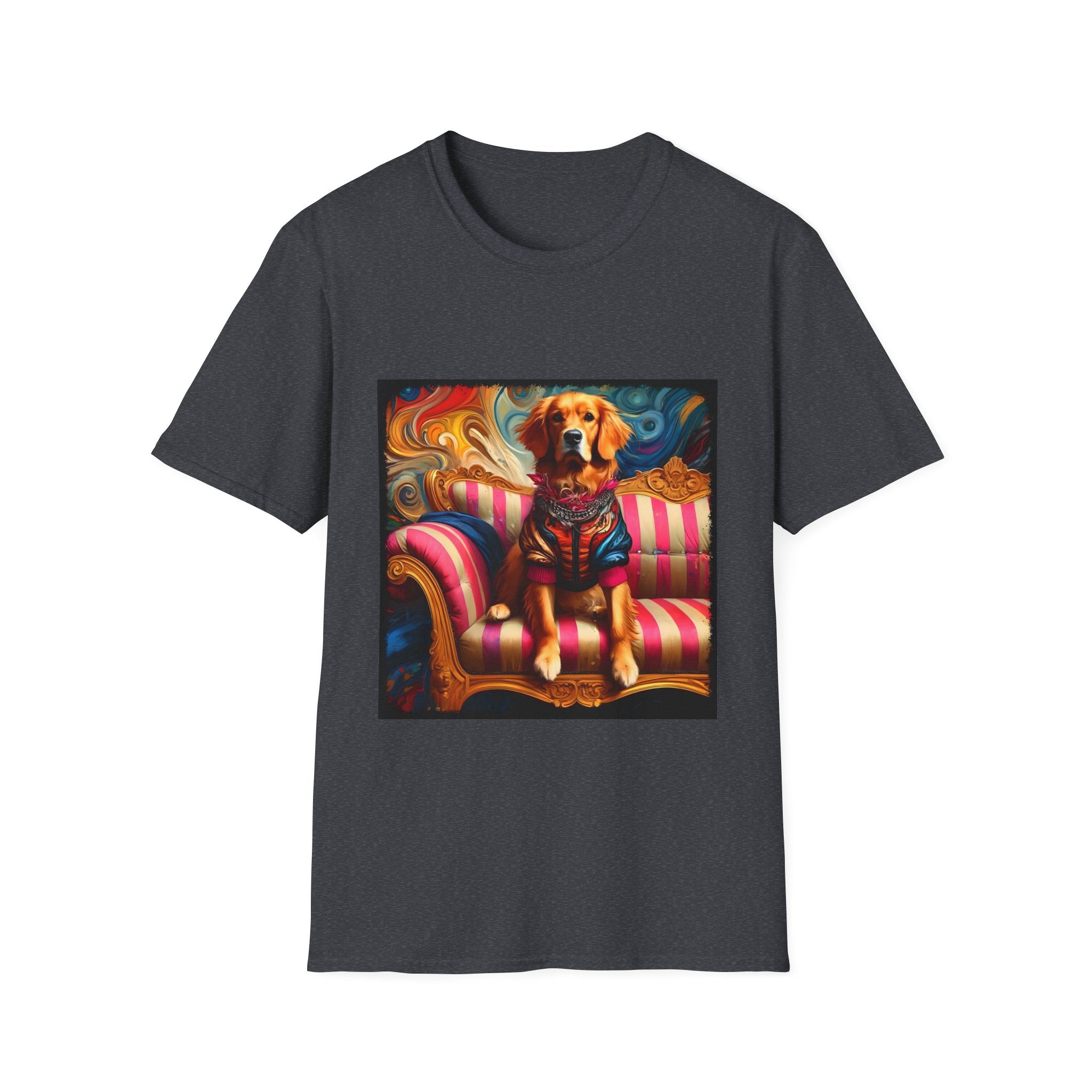 Dark heather gray dog t-shirt with golden retriever in regal jacket on pink striped settee, swirled backdrop.
