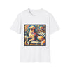 White dog t-shirt featuring golden retriever with pink heart collar on colorful tufted settee.