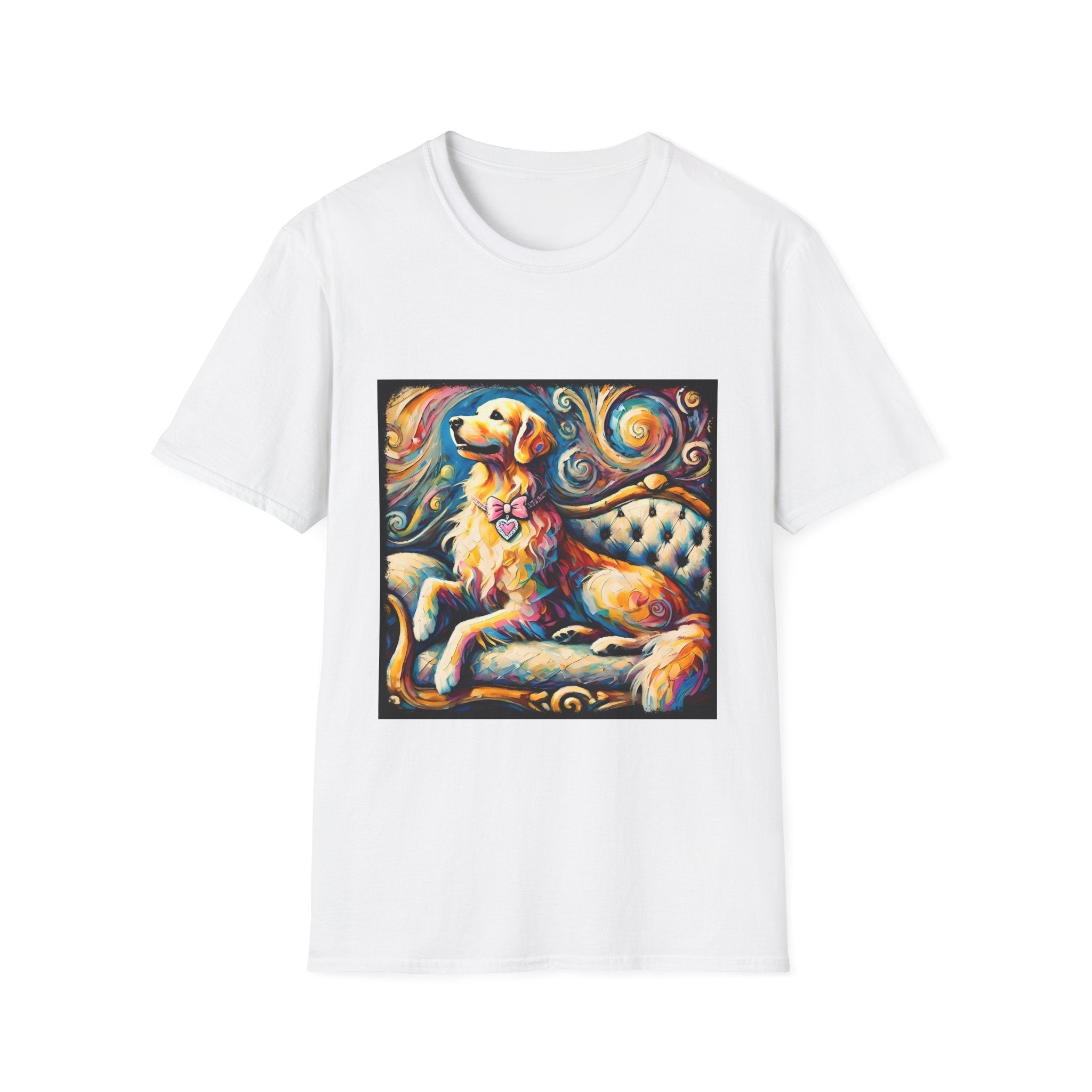 White dog t-shirt featuring golden retriever with pink heart collar on colorful tufted settee.