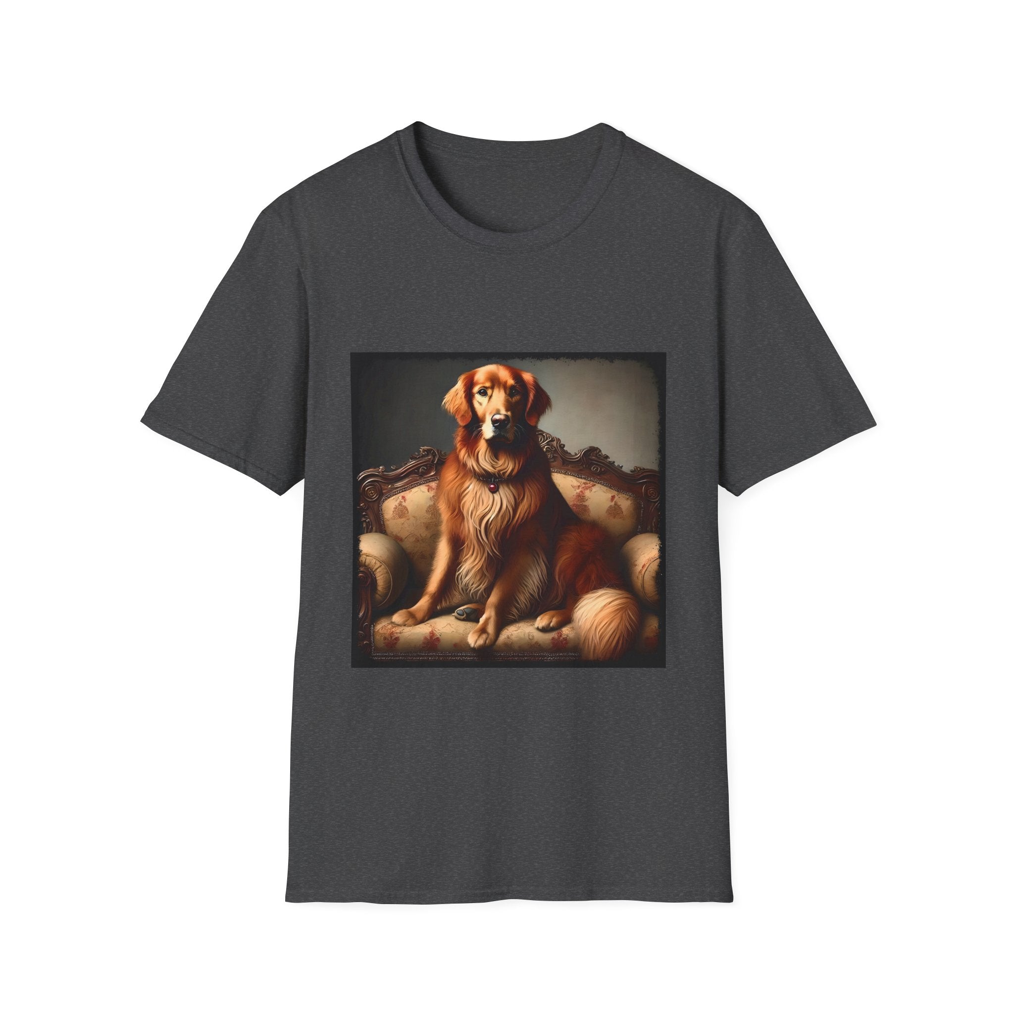 Dark heather dog t-shirt featuring golden retriever on ornate settee with long fur and classic red tones.