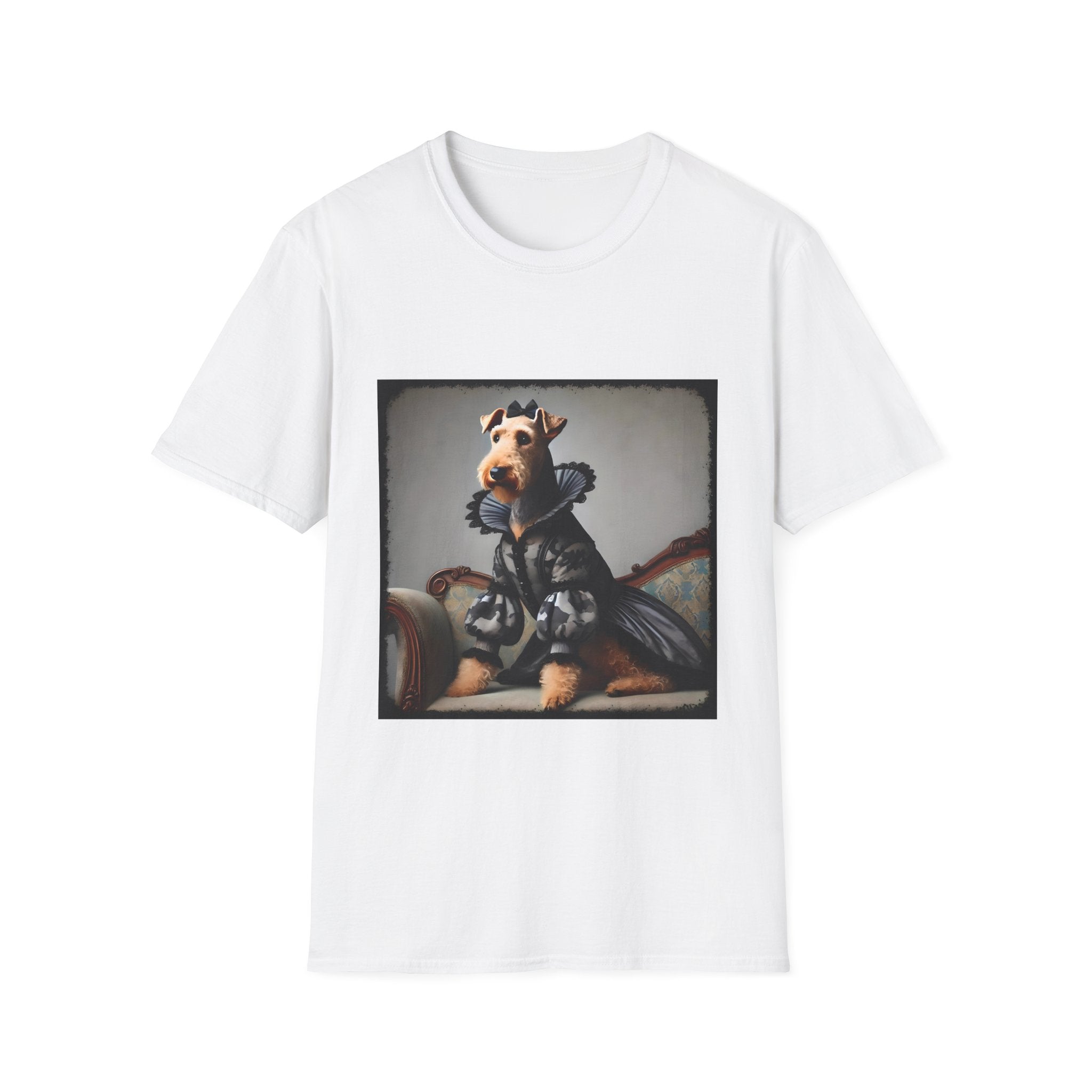 White dog t-shirt featuring Airedale terrier in camouflage Renaissance gown seated on settee.