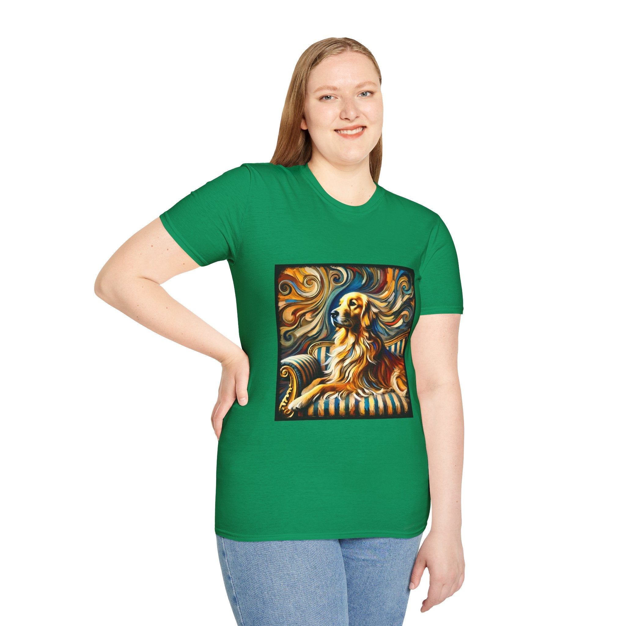 Female model in Kelly green dog t-shirt featuring golden retriever on striped settee with swirling abstract background in golds.