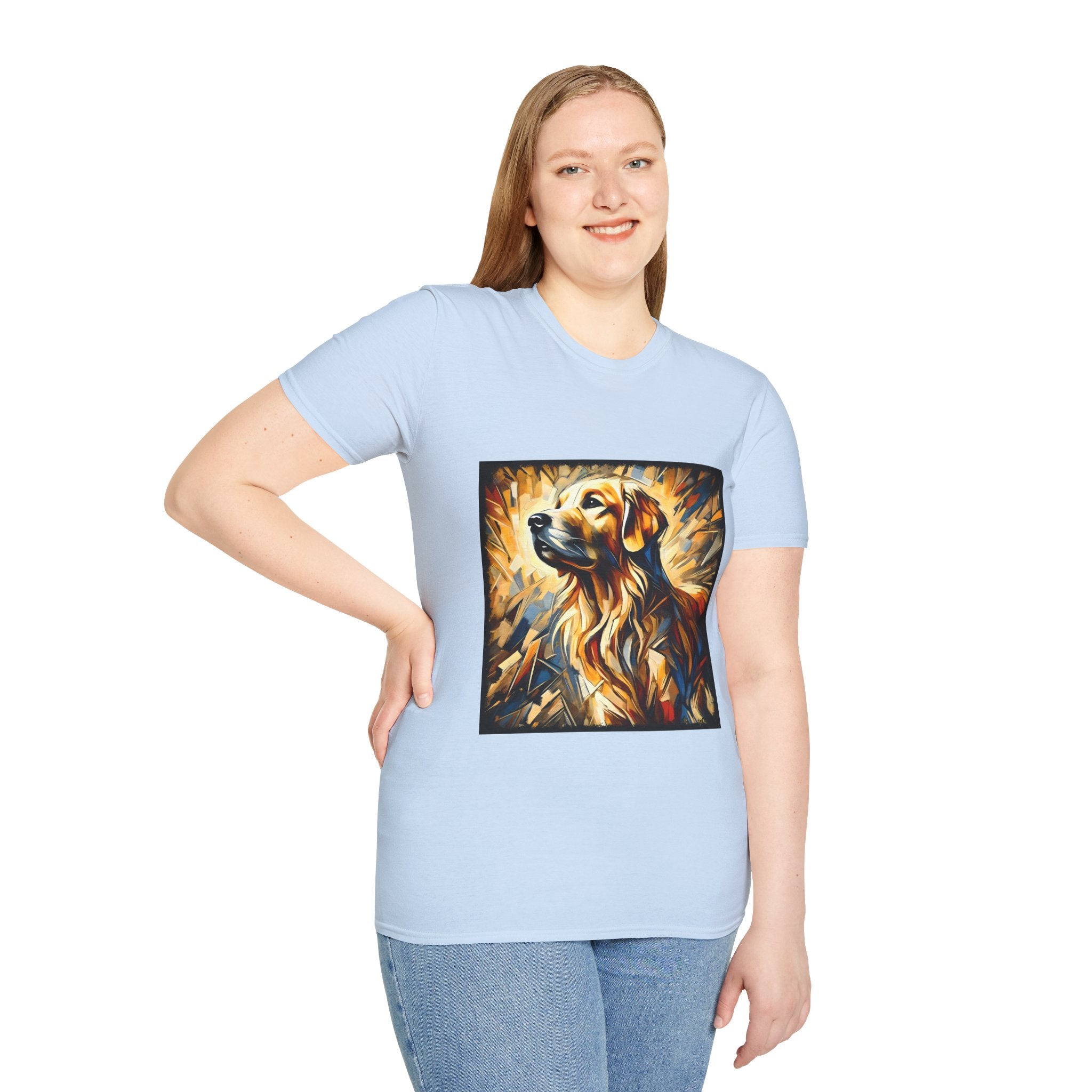 Female model in light blue dog t-shirt featuring golden retriever portrait with fiery gold, blue, and amber abstract swirls.