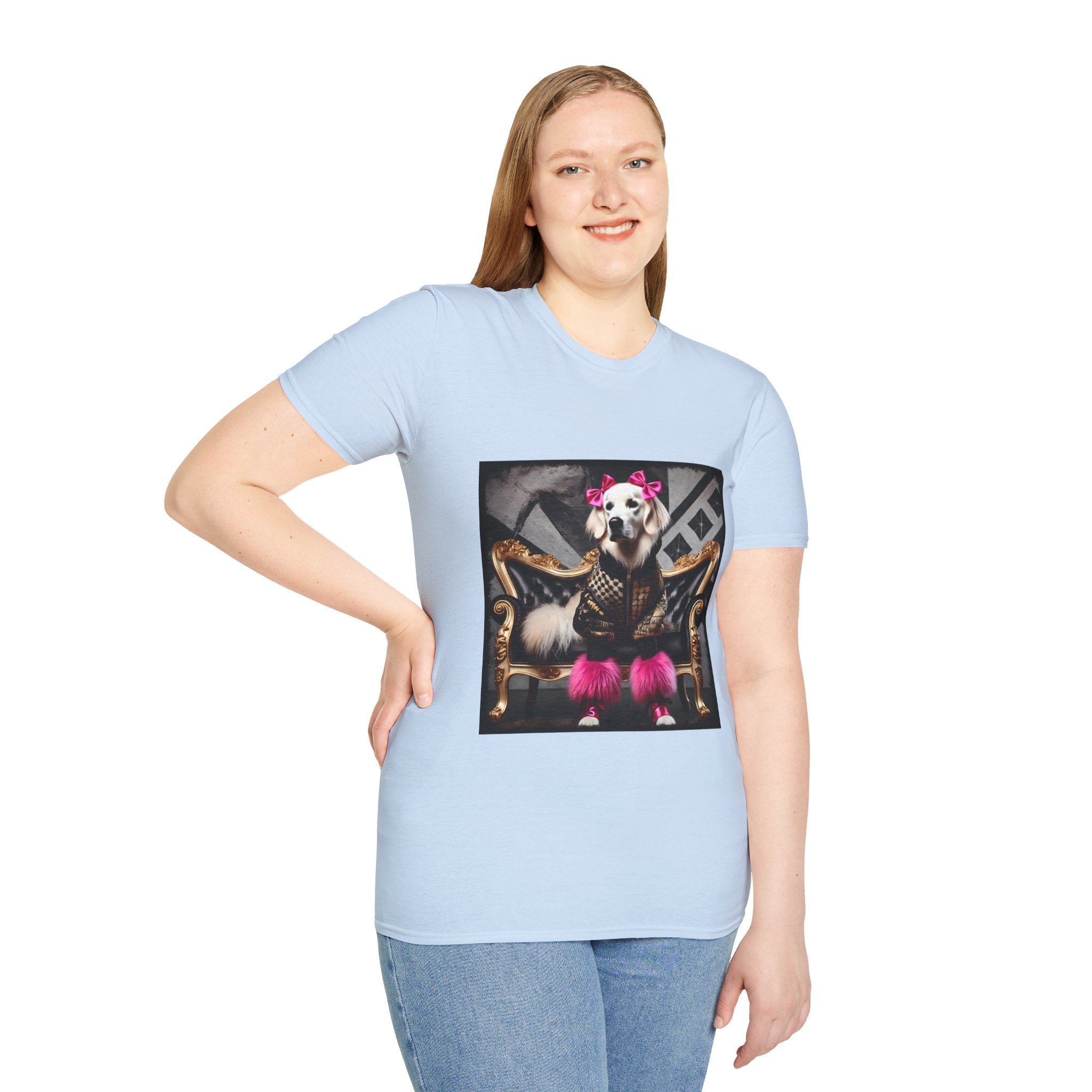 Female model in light blue dog t-shirt featuring white dog in pink bows and boots on gold settee with edgy gray backdrop.