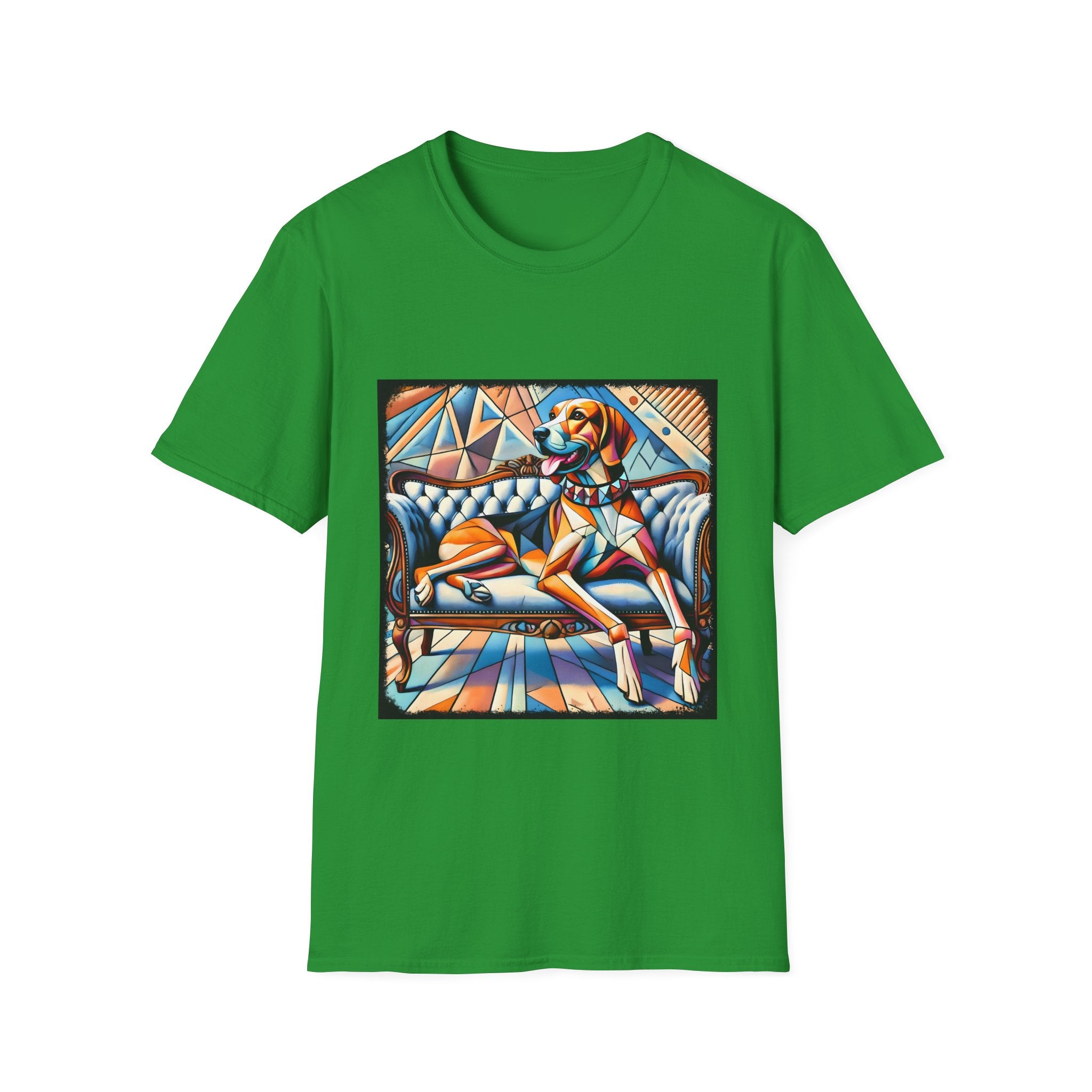 The Treeing Walker Coonhound Bold Geometric Unisex Dog T-Shirt features a colorful geometric dog on a blue tufted sofa with abstract patterns—perfect for fans of unique dog shirts.