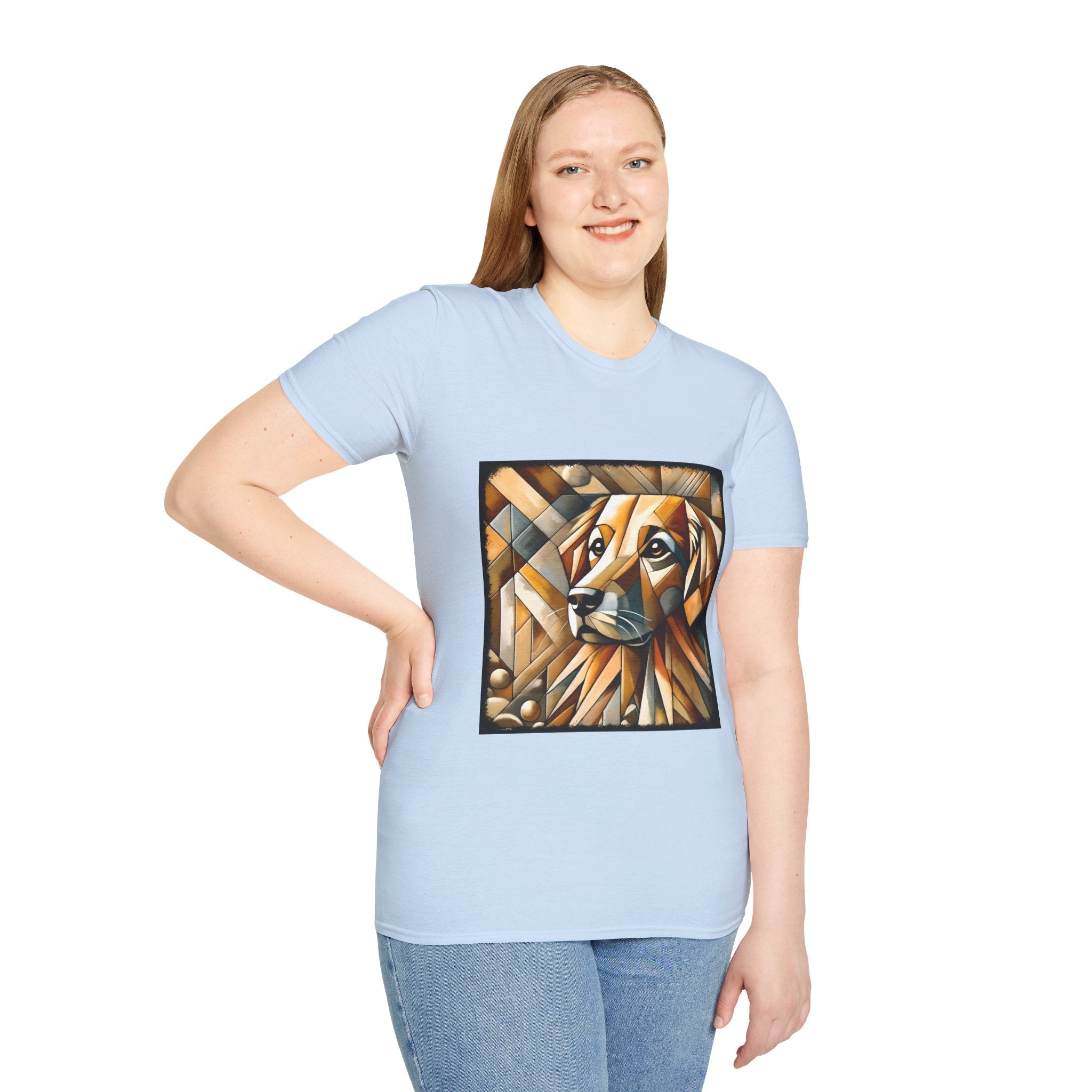 Female model in light blue dog t-shirt featuring golden retriever in geometric cubist style with warm amber and tan tones.