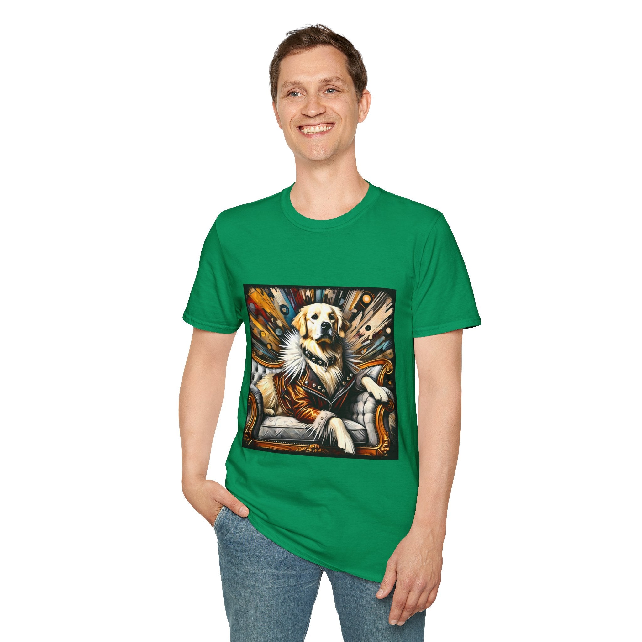 Male model in Kelly green dog t-shirt featuring golden retriever in fur coat on gold throne with colorful backdrop.