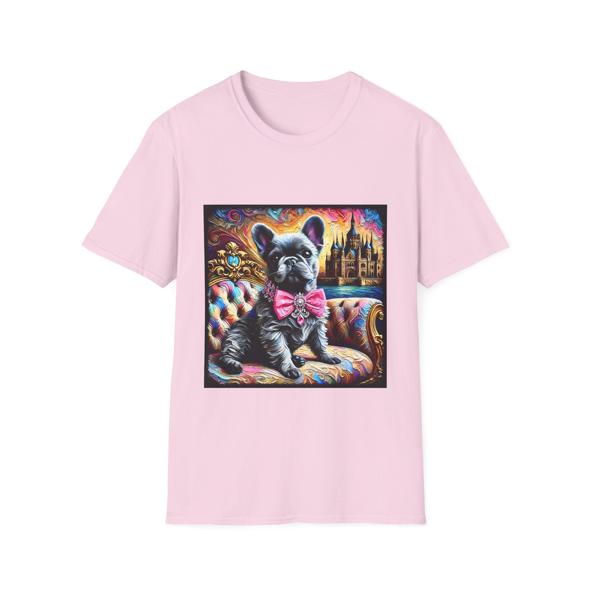 Pink dog t-shirt featuring a black French Bulldog in pink bow on ornate settee, with vivid castle and swirl background.