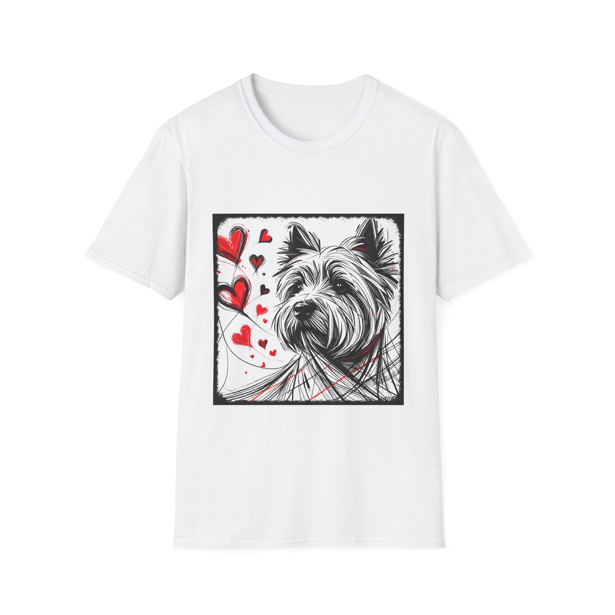 White dog t-shirt featuring sketch-style Westie with red hearts and abstract black line accents.