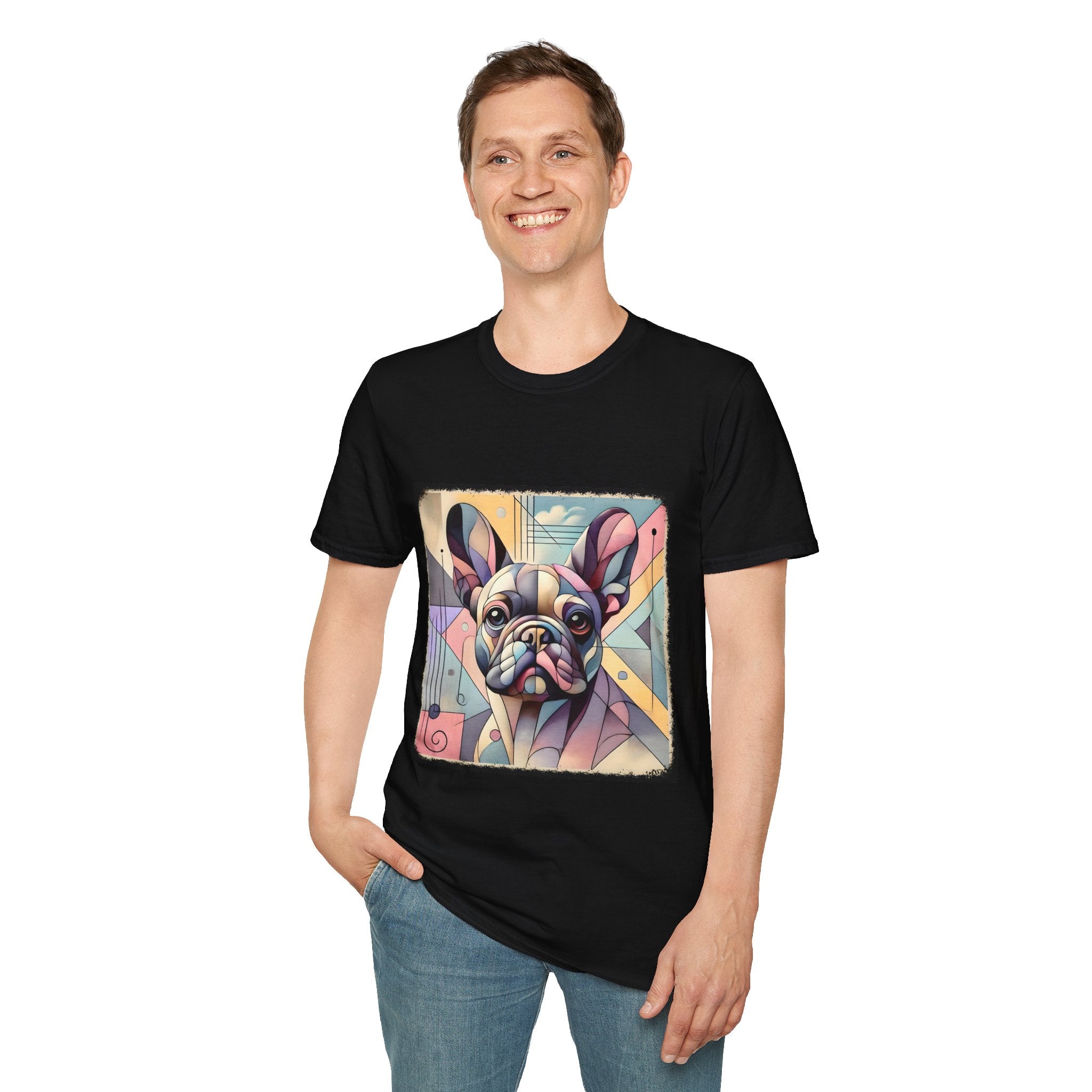 Smiling man in shirt black with Cubism-style French Bulldog design in soft pastel colors and abstract shapes.