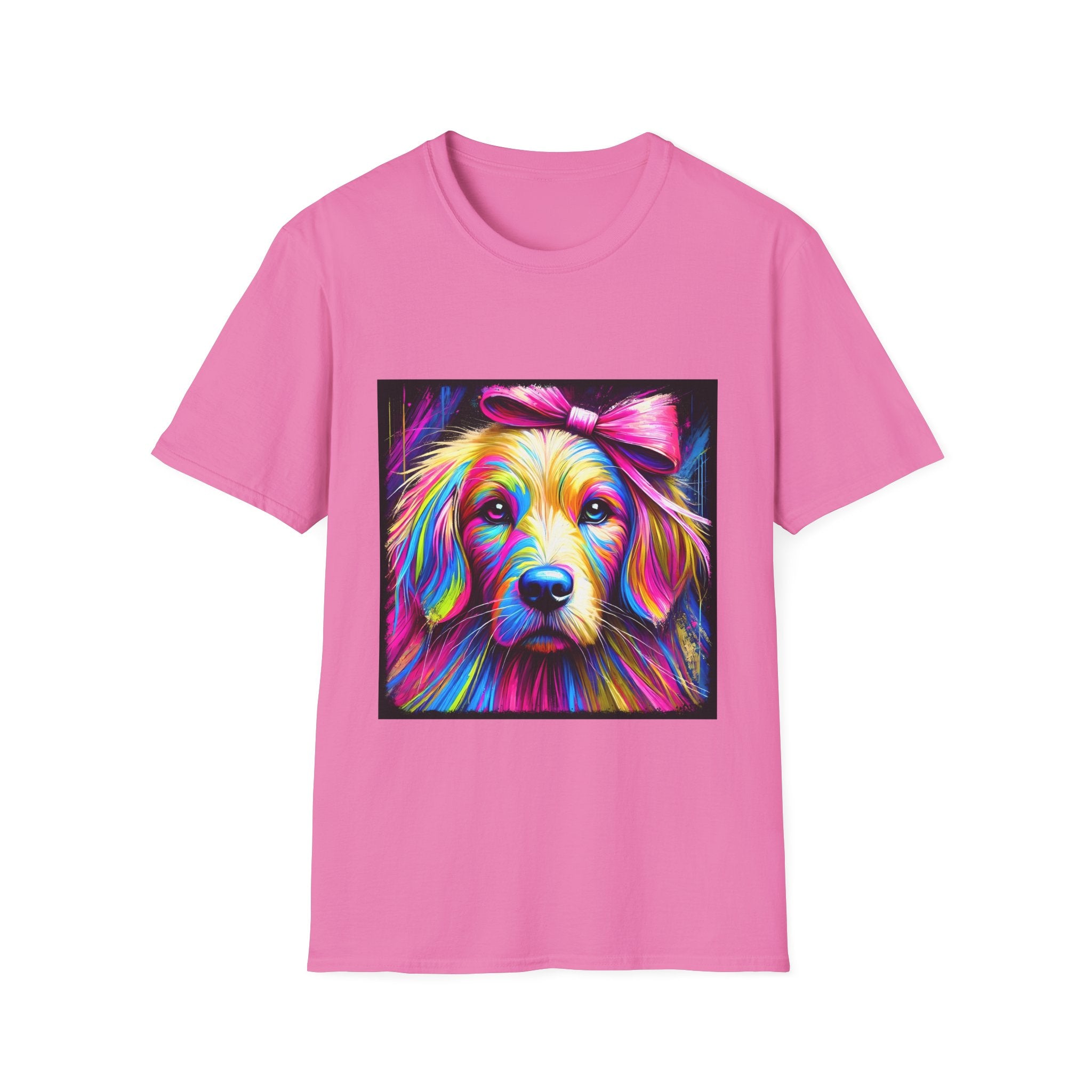 Pink dog t-shirt featuring neon-colored golden retriever with pink bow on vibrant electric abstract backdrop.
