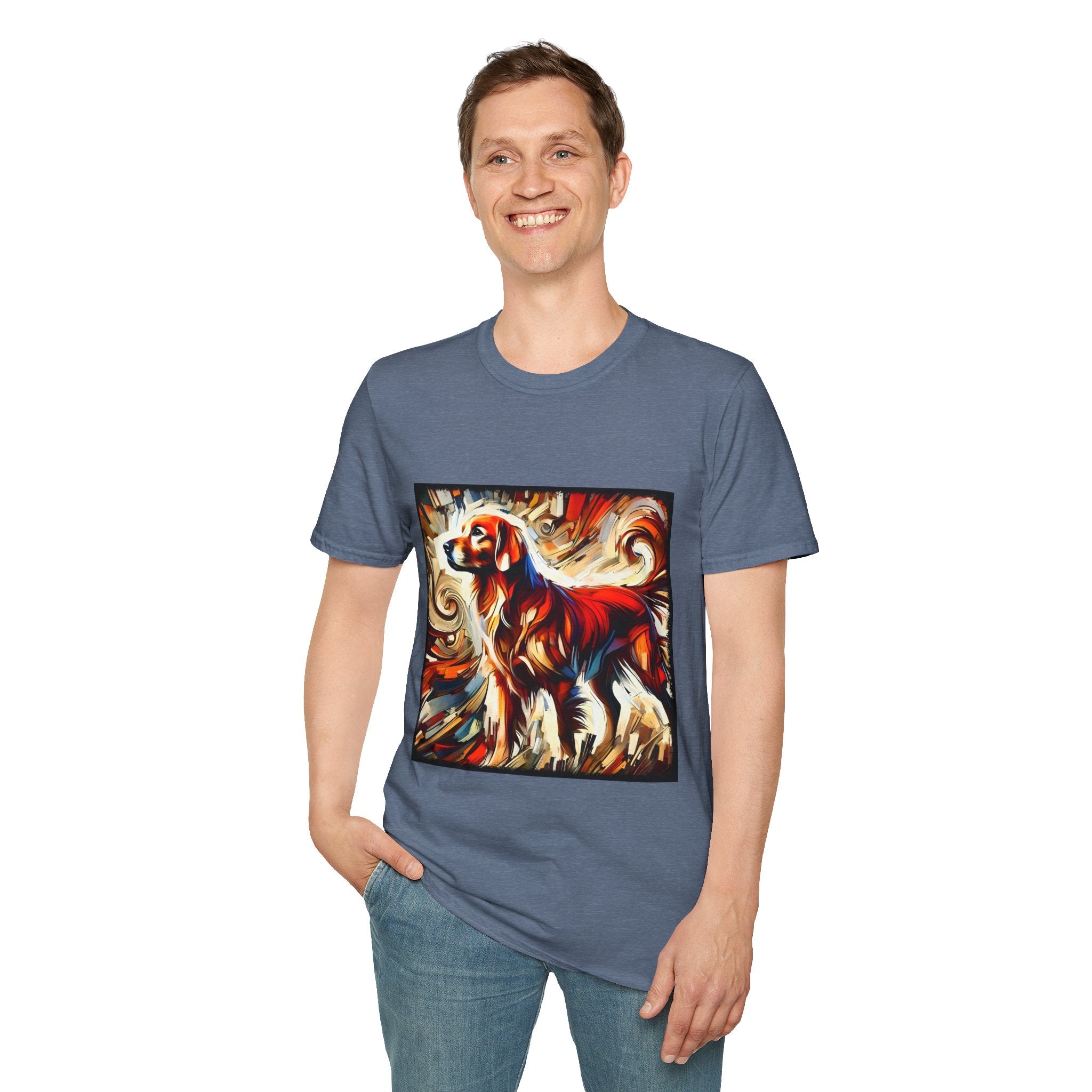 Man smiling in heather indigo dog t-shirt with golden retriever in red coat, abstract swirl background in bold warm tones.