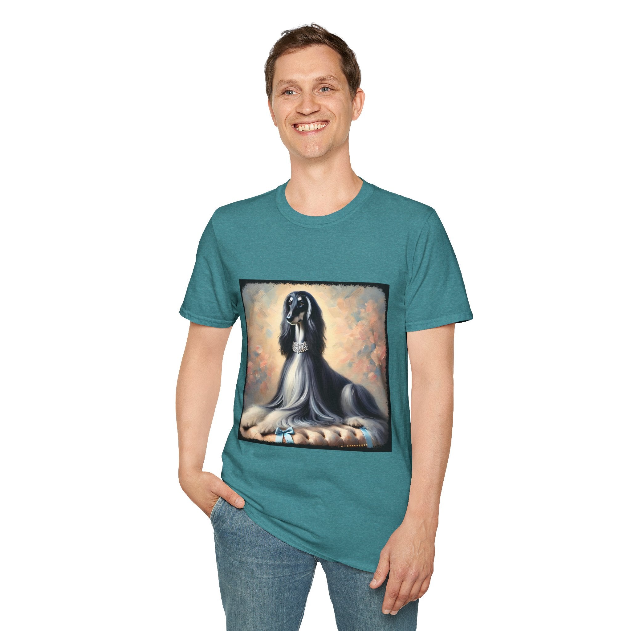 Front view of person wearing teal dog t-shirt featuring black and white Afghan Hound on cushion with diamond necklace, pastel background