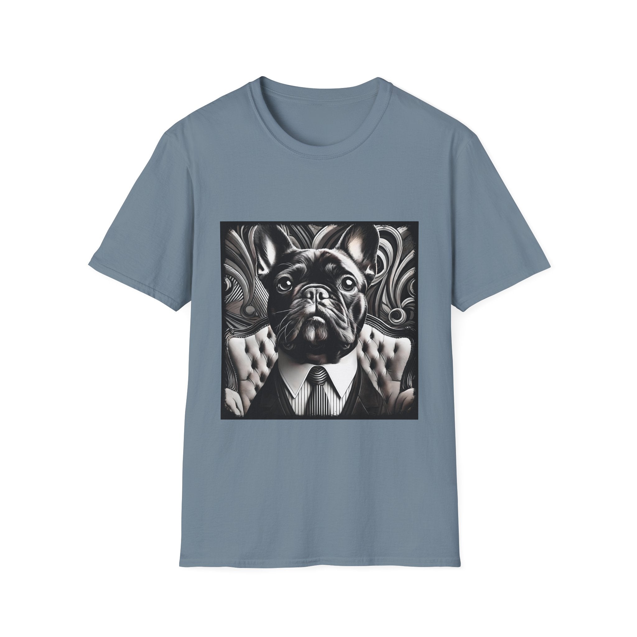 Stone blue dog t-shirt featuring black French Bulldog in suit with swirl background, monochrome style.