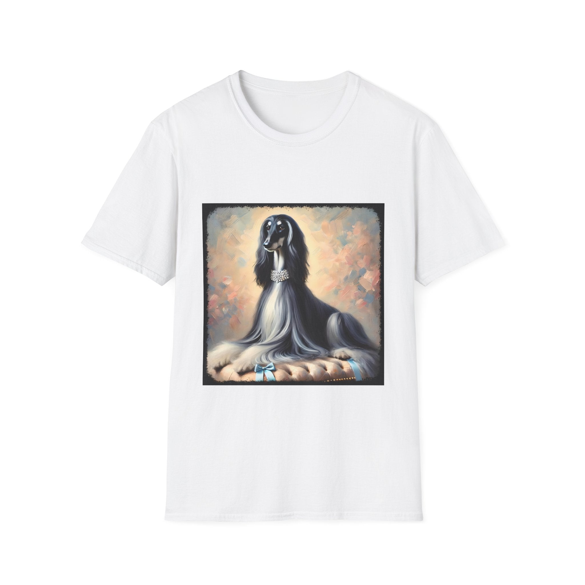 Front view of white dog t-shirt featuring black and white Afghan Hound on cushion with diamond necklace, pastel background.