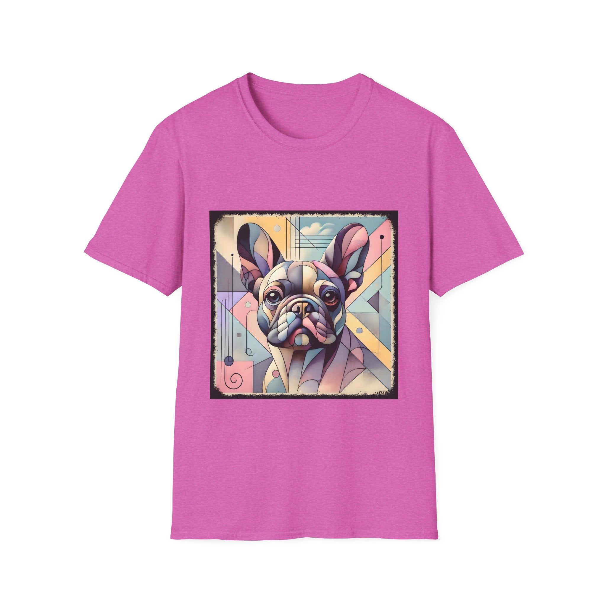 Bright pink shirt with Cubism-style French Bulldog design in soft pastel colors and abstract shapes.
