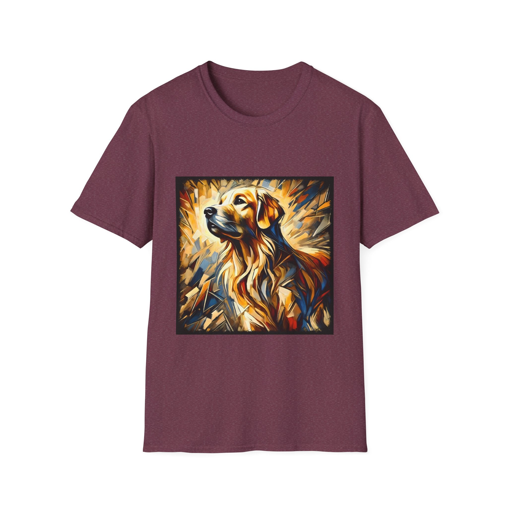 Heather maroon dog t-shirt featuring golden retriever portrait with fiery gold, blue, and amber abstract swirls.