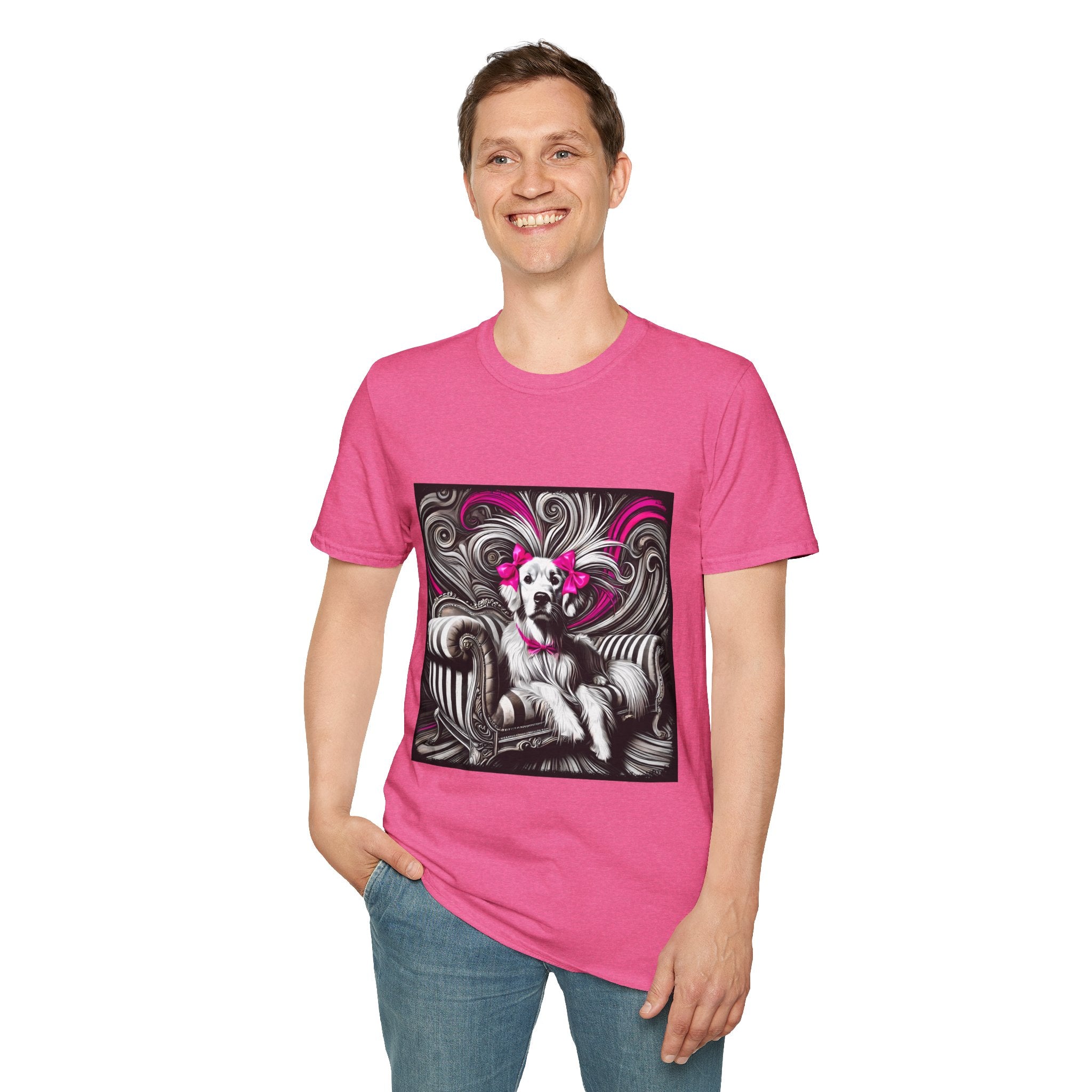 Male model in bright pink dog t-shirt featuring black-and-white art of retriever with pink bows and swirling accents.