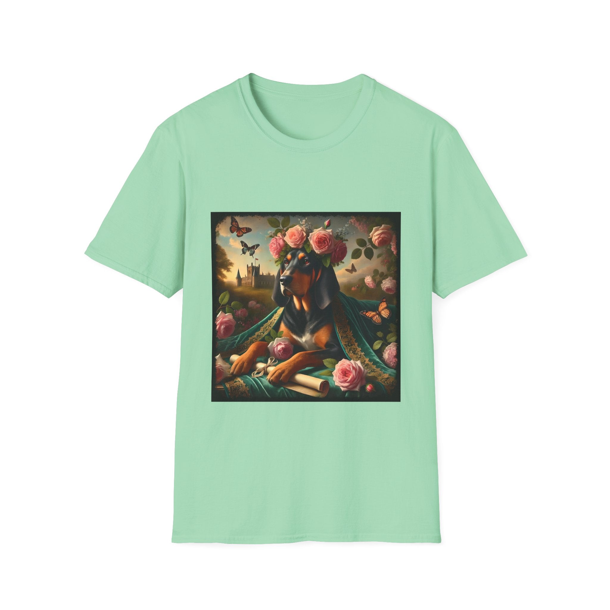 Mint green dog t-shirt featuring coonhound in rose garden wearing green embroidered cape and crown of pink flowers.