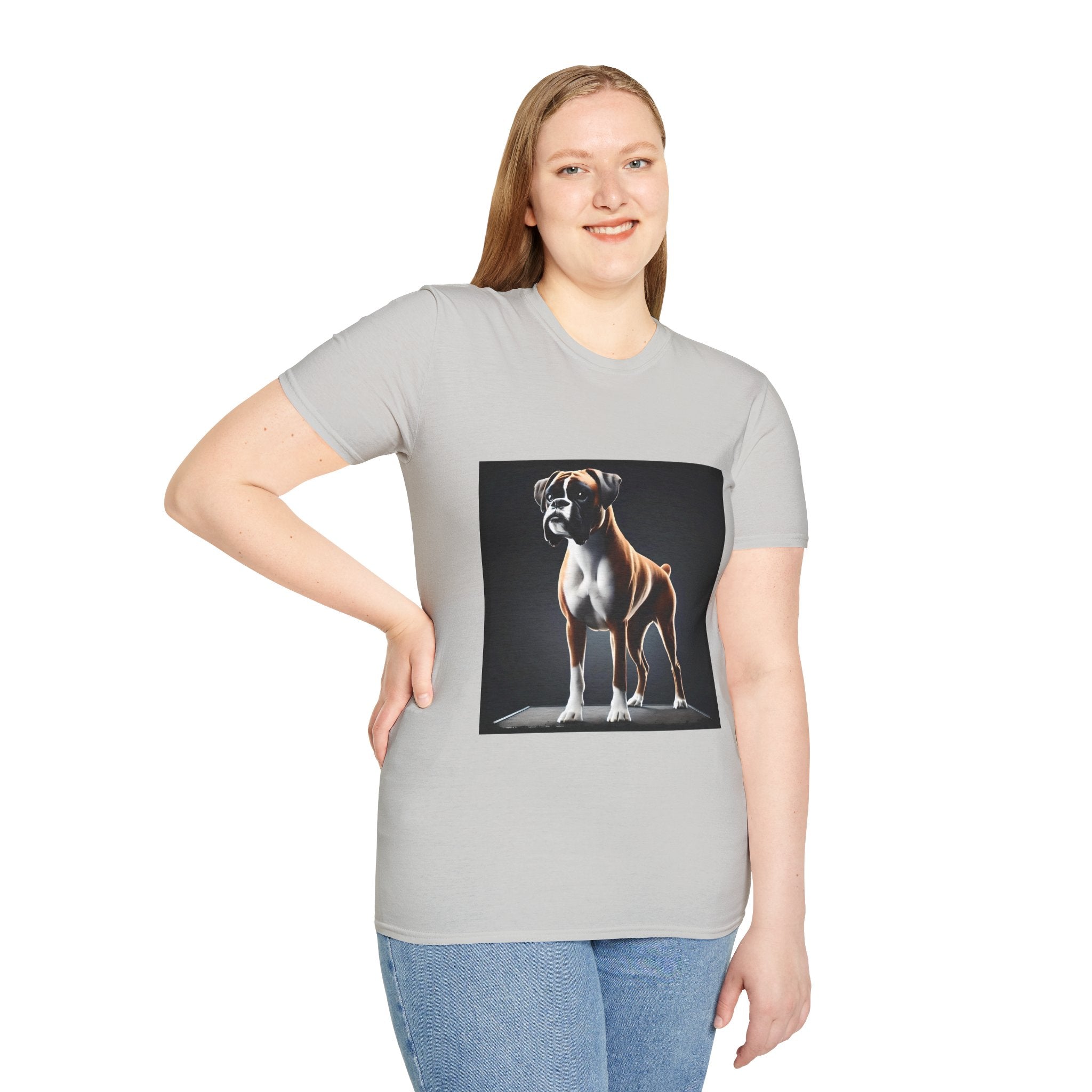Female model in ice gray dog t-shirt featuring standing boxer on platform with black background and dramatic lighting.