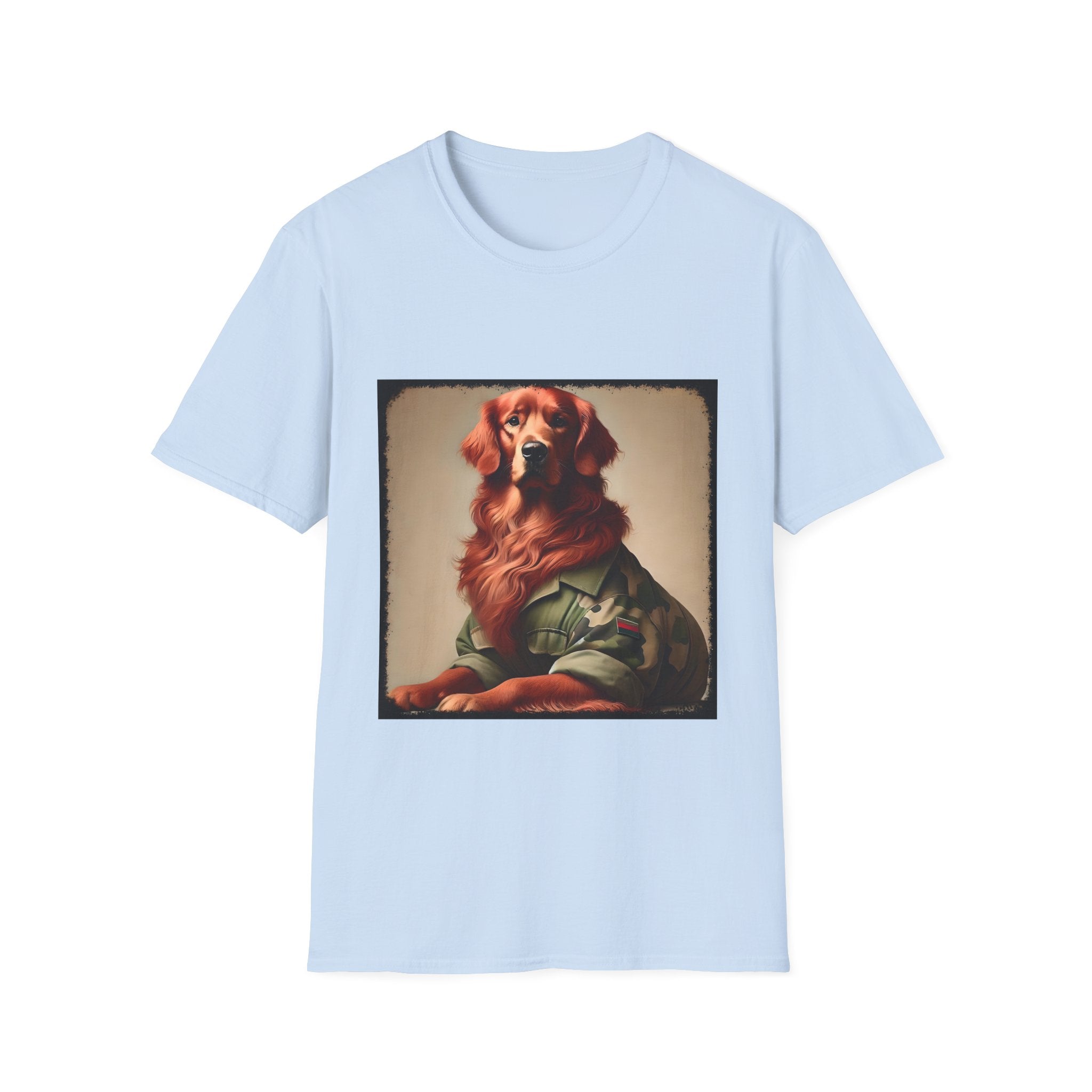 Light blue dog t-shirt featuring golden retriever in camouflage jacket with flag patch, tan background.
