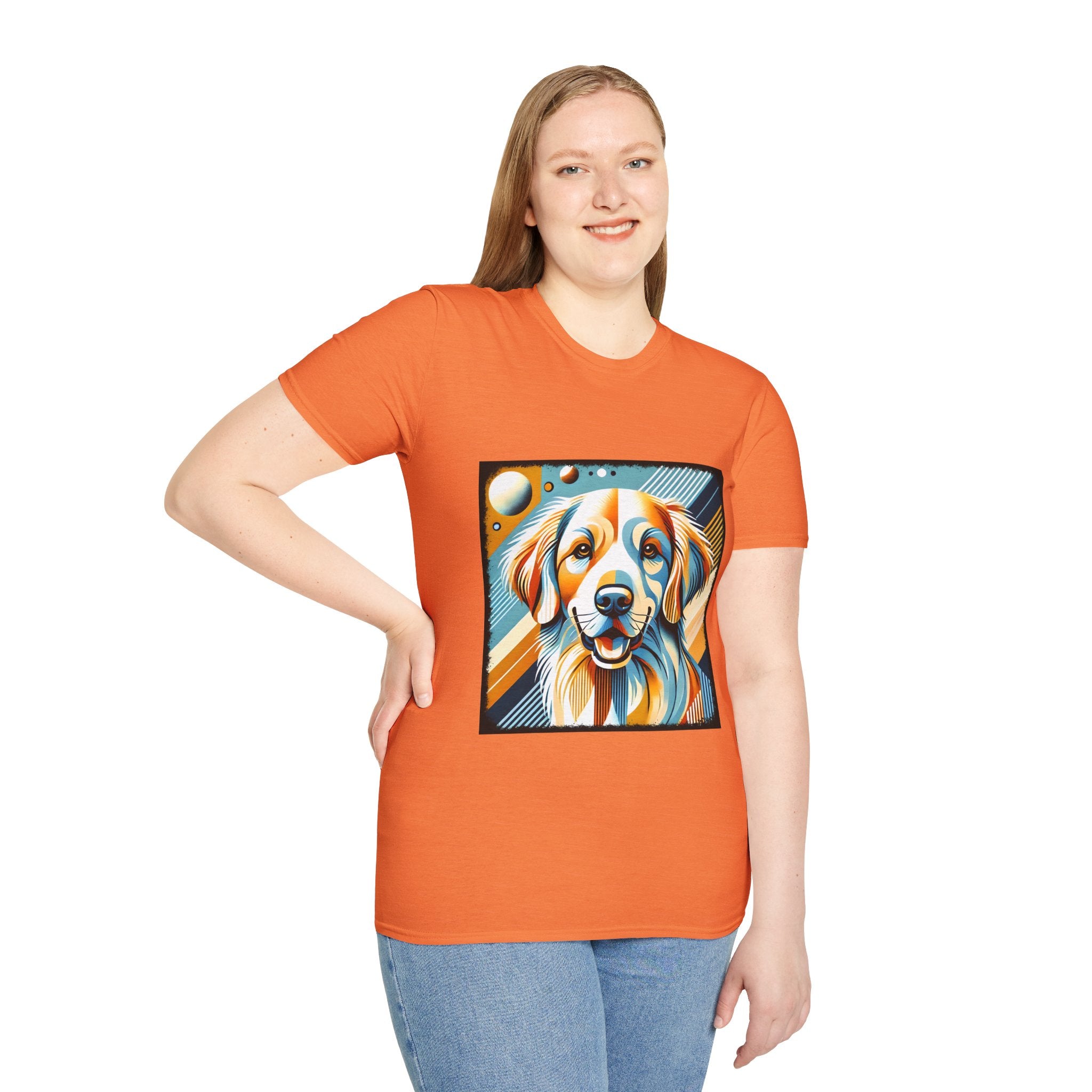 Female model in heather orange dog t-shirt featuring smiling golden retriever in abstract pop style with blue, orange, and cream tones.