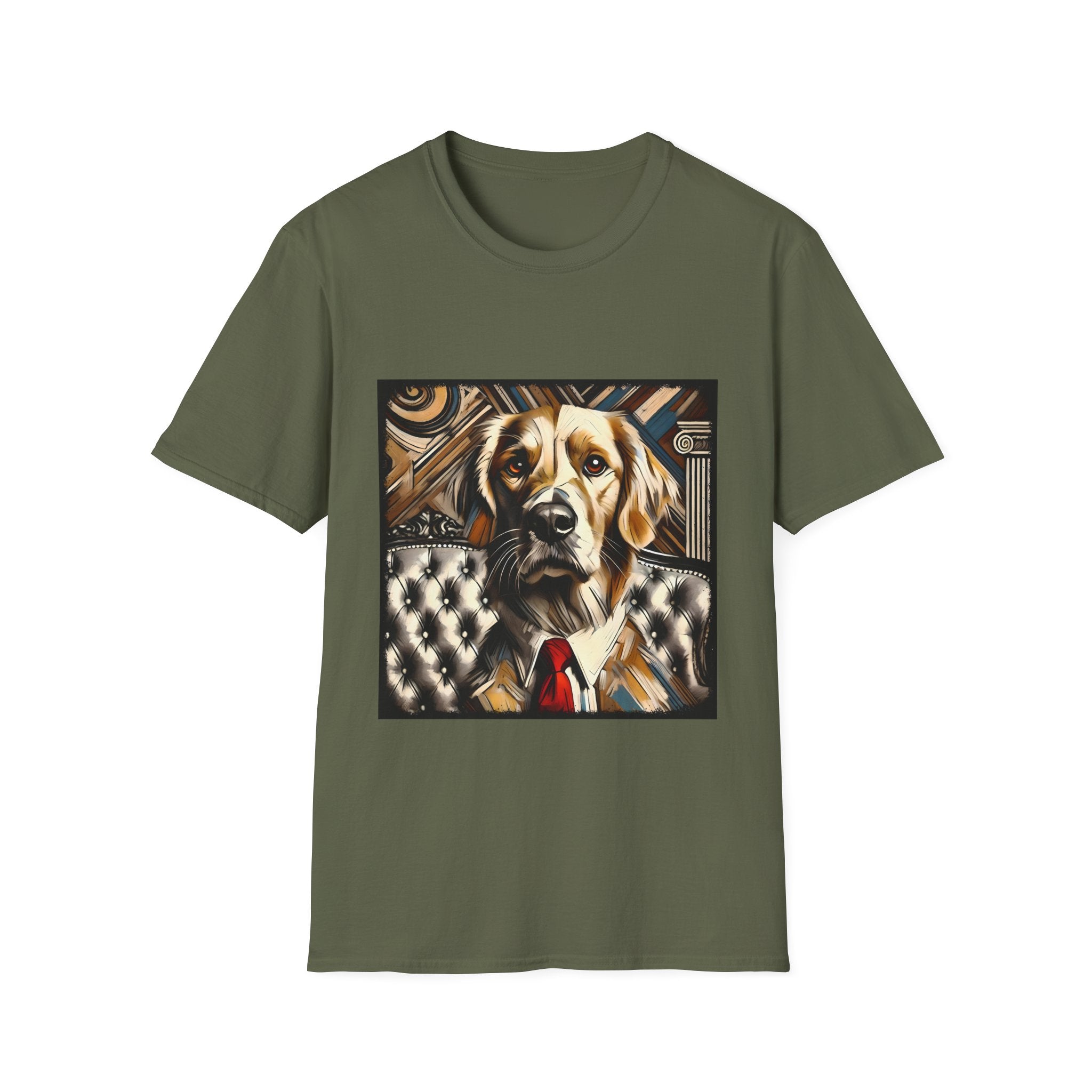 Military green dog t-shirt featuring golden retriever in suit and red tie, seated on tufted chair with abstract backdrop.
