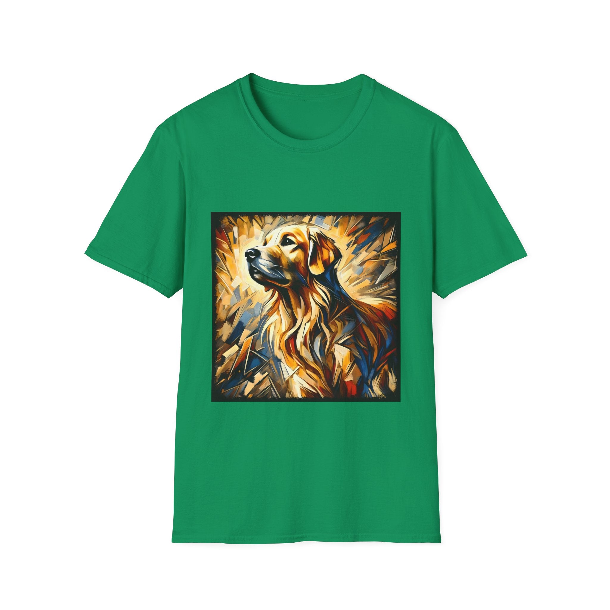 Kelly Green dog t-shirt featuring golden retriever portrait with fiery gold, blue, and amber abstract swirls.
