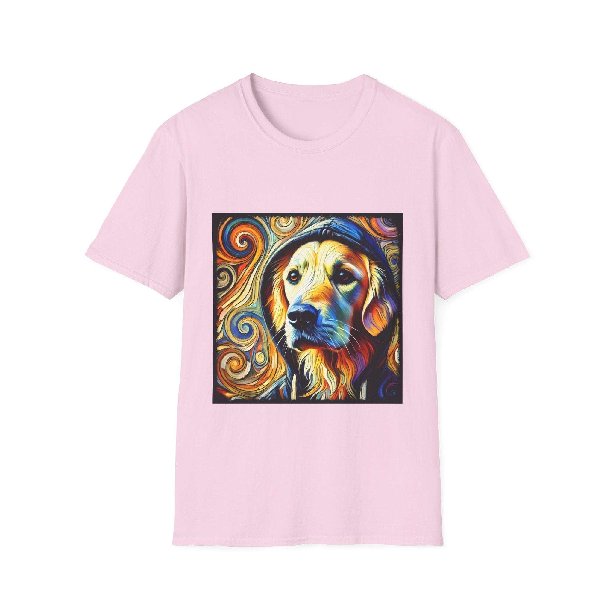 Light pink dog t-shirt with golden retriever in hoodie, swirled background in orange, yellow, and teal tones.