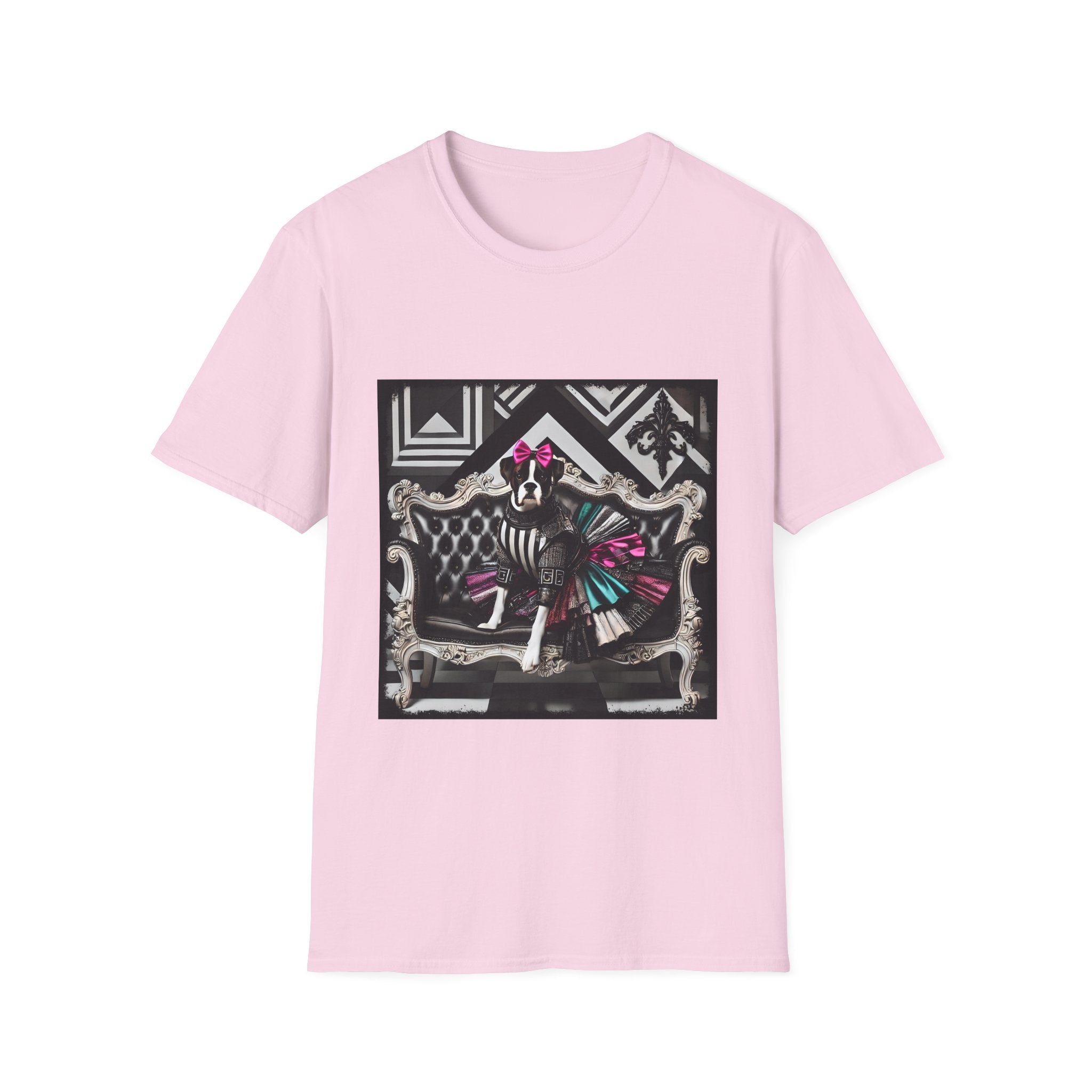 Light pink dog t-shirt with black and white boxer in pink bow and varsity dress in pleated skirt, bold geometric black backdrop.
