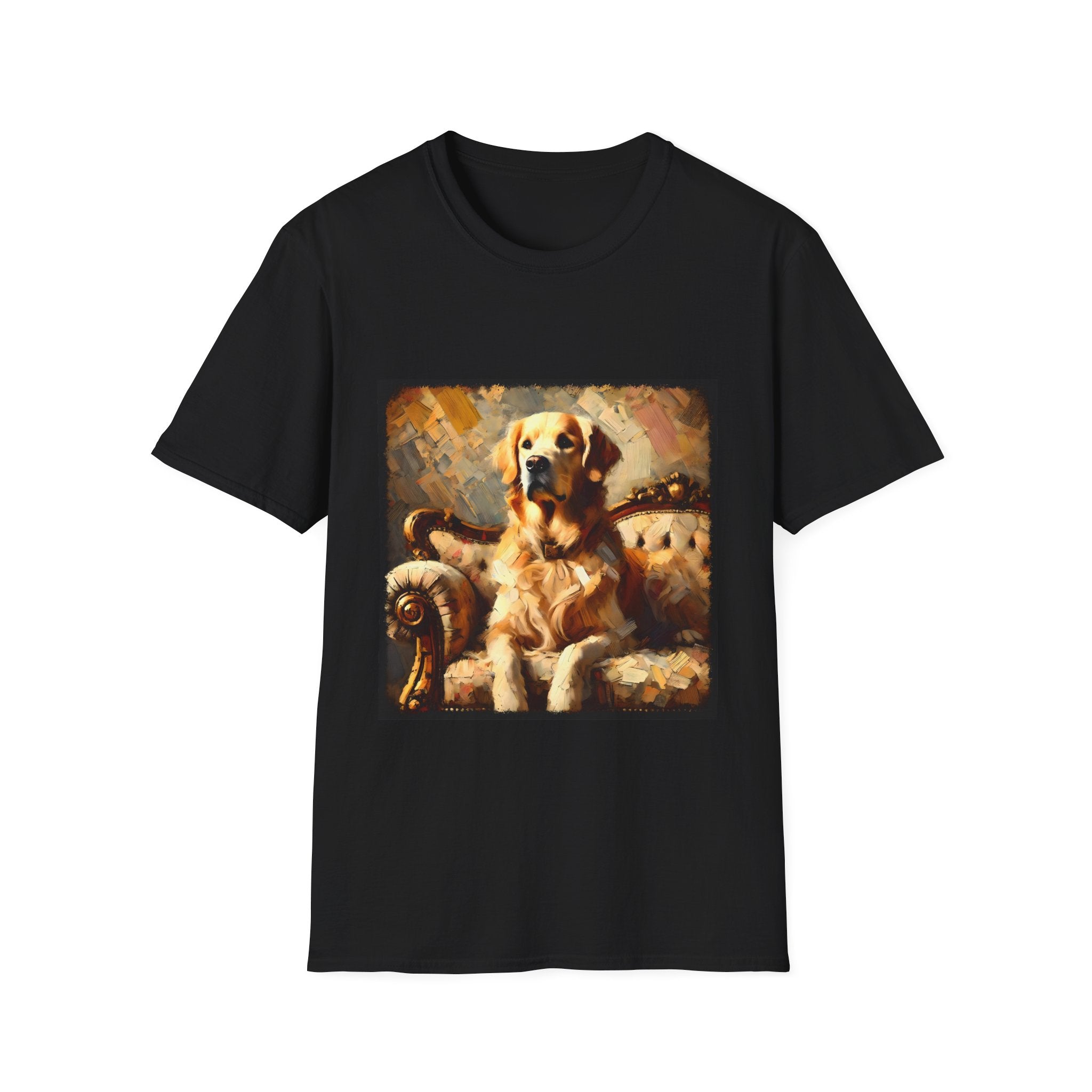Black dog t-shirt with golden retriever on ornate couch, painted in rich textured brushstrokes.